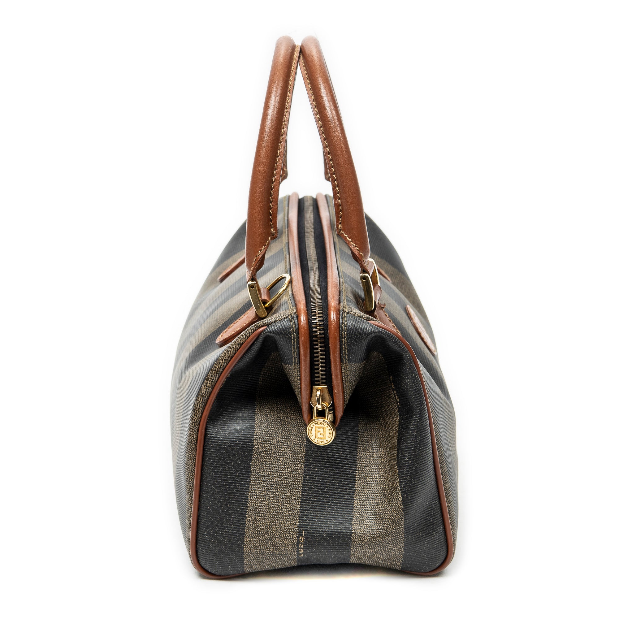 Handbag Small Boston Brown Pequin Coated Canvas