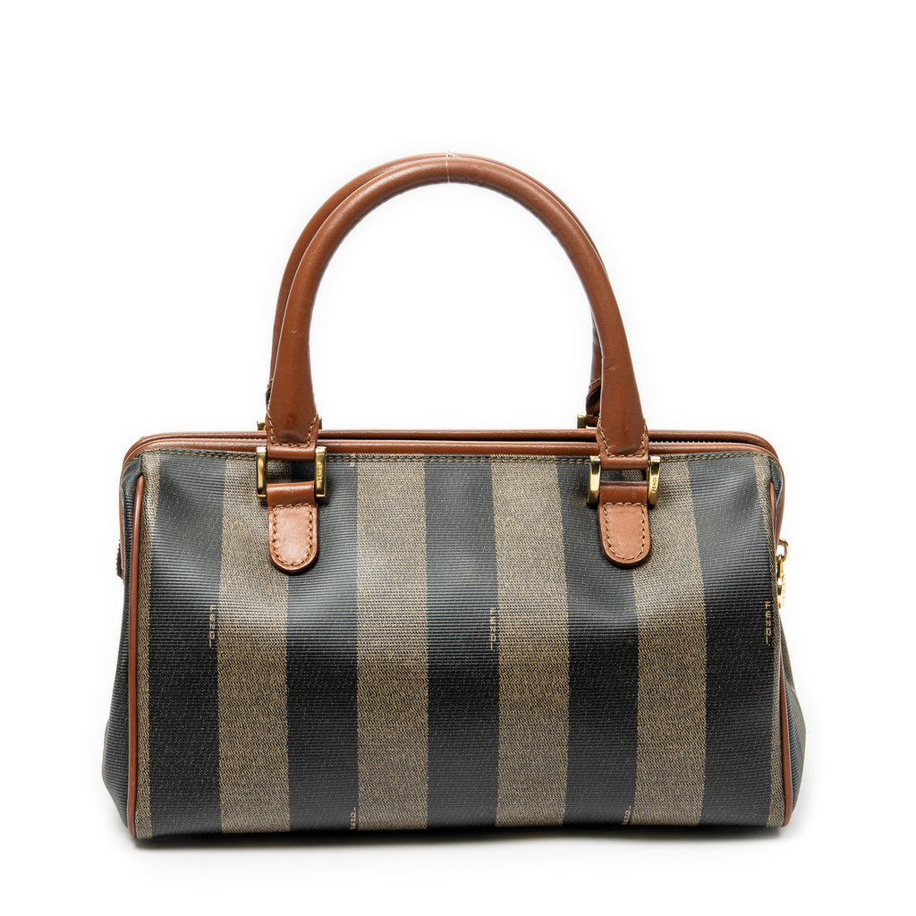 Handbag Small Boston Brown Pequin Coated Canvas