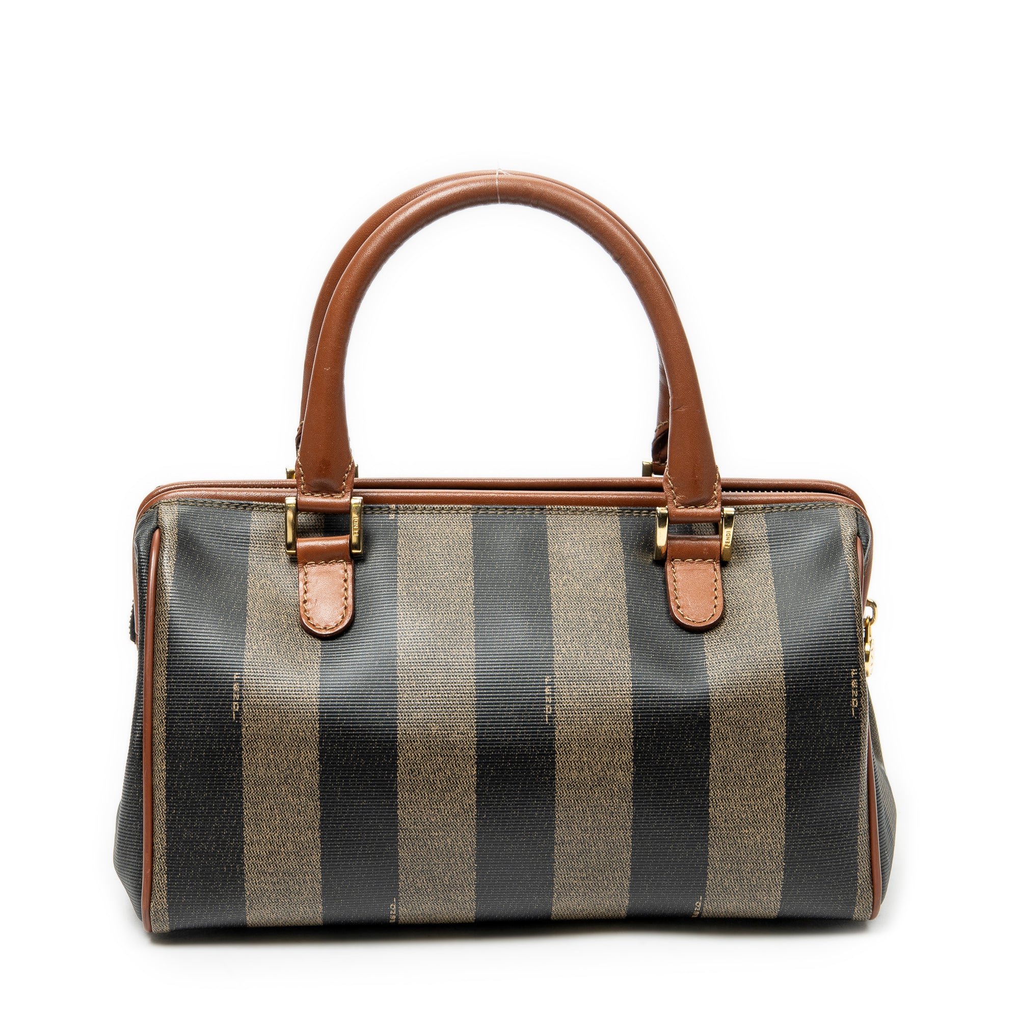 Handbag Small Boston Brown Pequin Coated Canvas