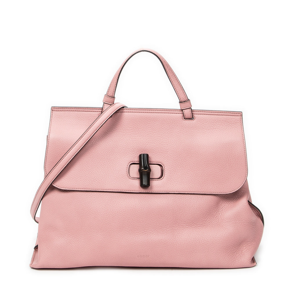 Shoulder Bag Large Bamboo Daily Top Handle Pink Grained Calfskin Leather