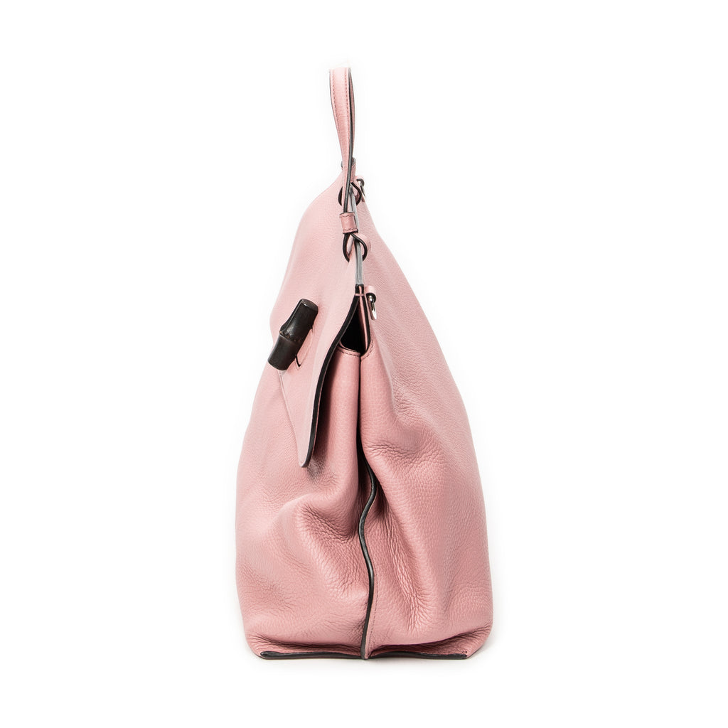 Shoulder Bag Large Bamboo Daily Top Handle Pink Grained Calfskin Leather
