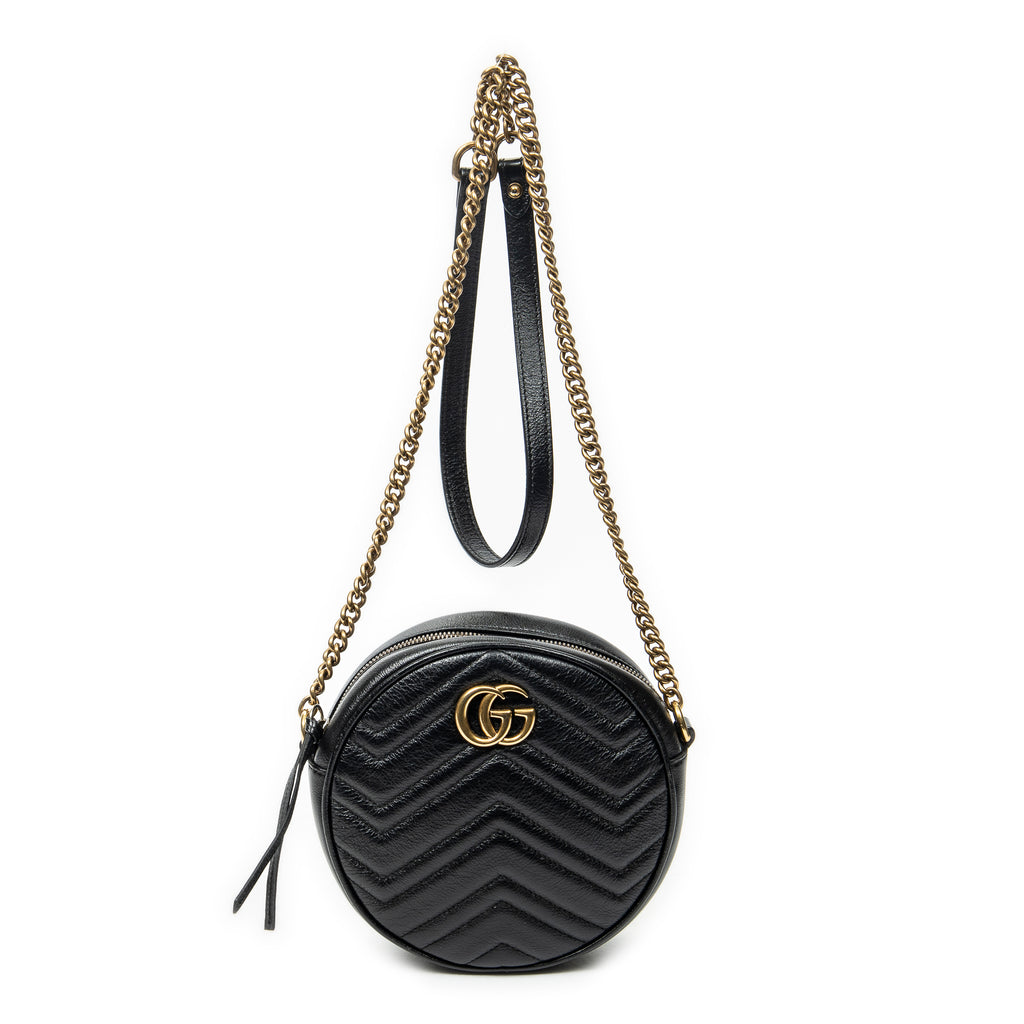 Shoulder Bag GG Marmont Chain Round Crossbody Black Quilted Chevron Leather