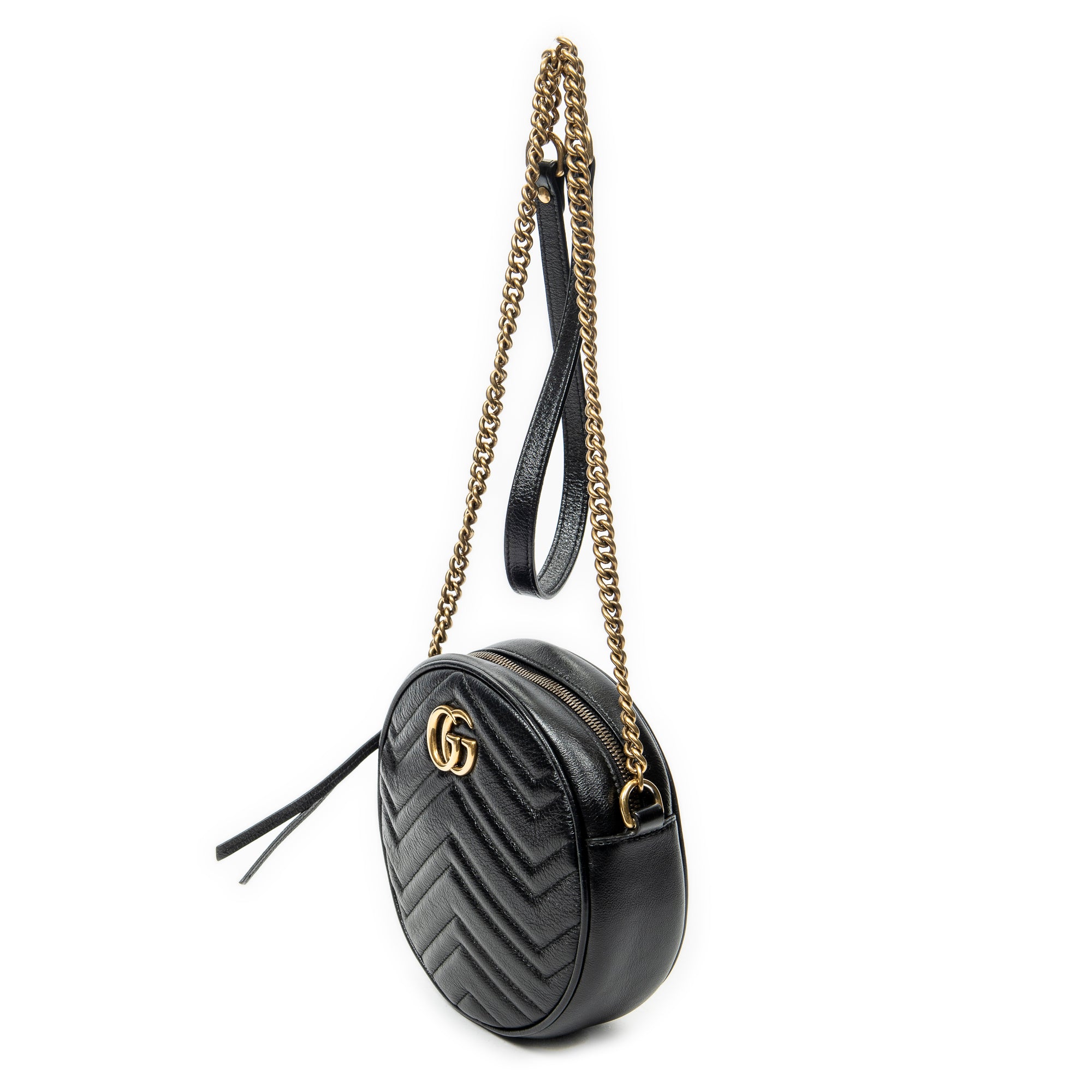 Shoulder Bag GG Marmont Chain Round Crossbody Black Quilted Chevron Leather