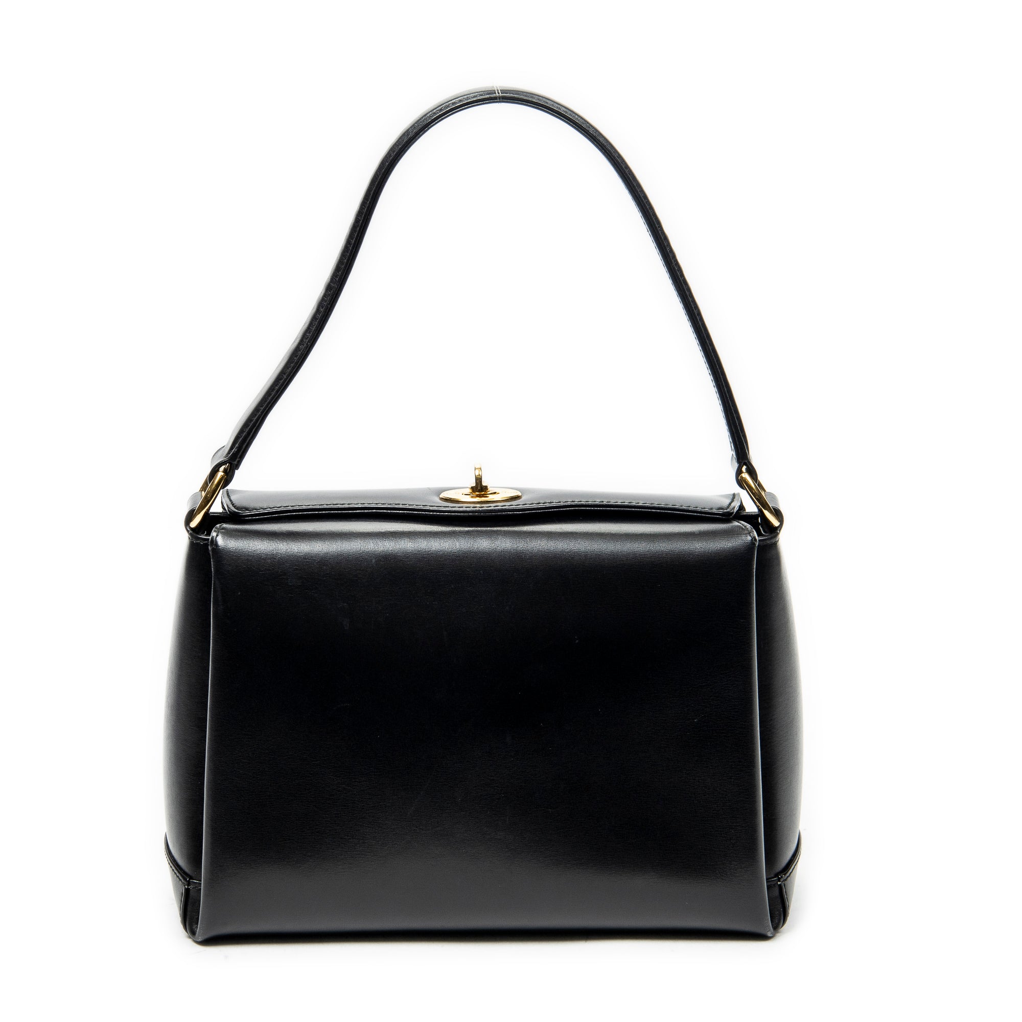 Shoulder Bag Vintage Fold Over Top Handle Black Smooth Calfskin Leather