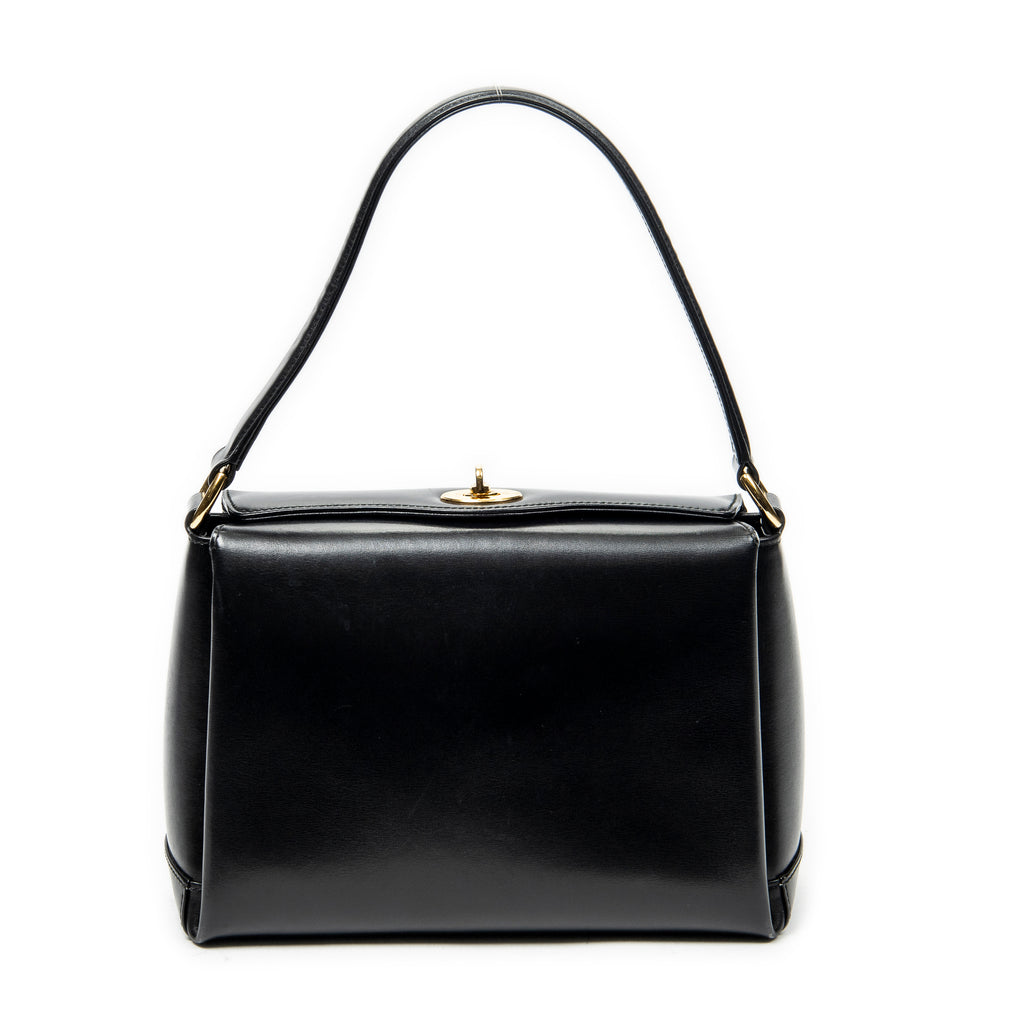 Shoulder Bag Vintage Fold Over Top Handle Black Smooth Calfskin Leather