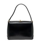 Shoulder Bag Vintage Fold Over Top Handle Black Smooth Calfskin Leather
