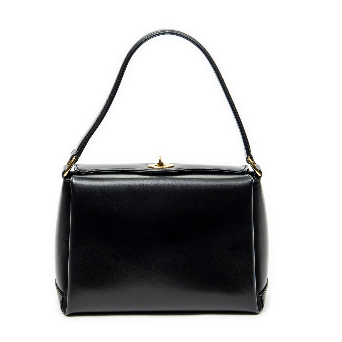 Shoulder Bag Vintage Fold Over Top Handle Black Smooth Calfskin Leather