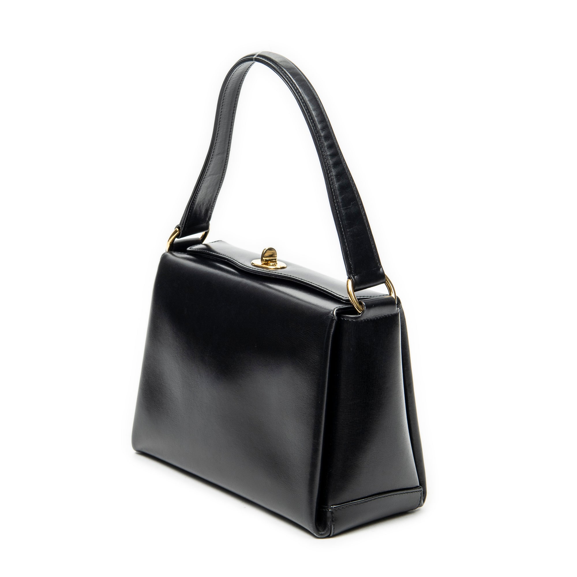 Shoulder Bag Vintage Fold Over Top Handle Black Smooth Calfskin Leather