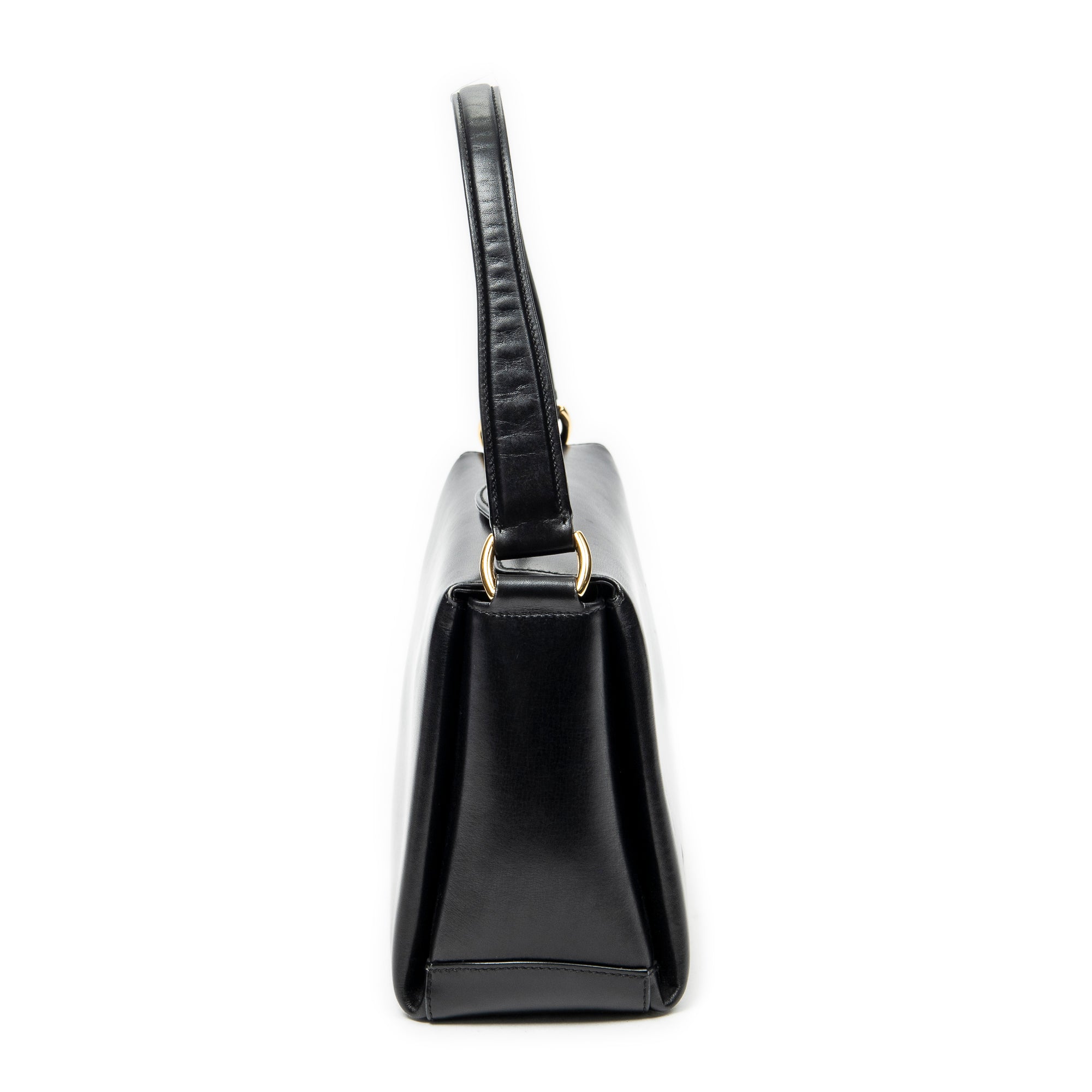 Shoulder Bag Vintage Fold Over Top Handle Black Smooth Calfskin Leather