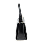 Shoulder Bag Vintage Fold Over Top Handle Black Smooth Calfskin Leather