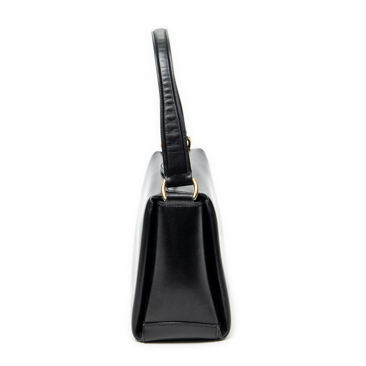 Shoulder Bag Vintage Fold Over Top Handle Black Smooth Calfskin Leather