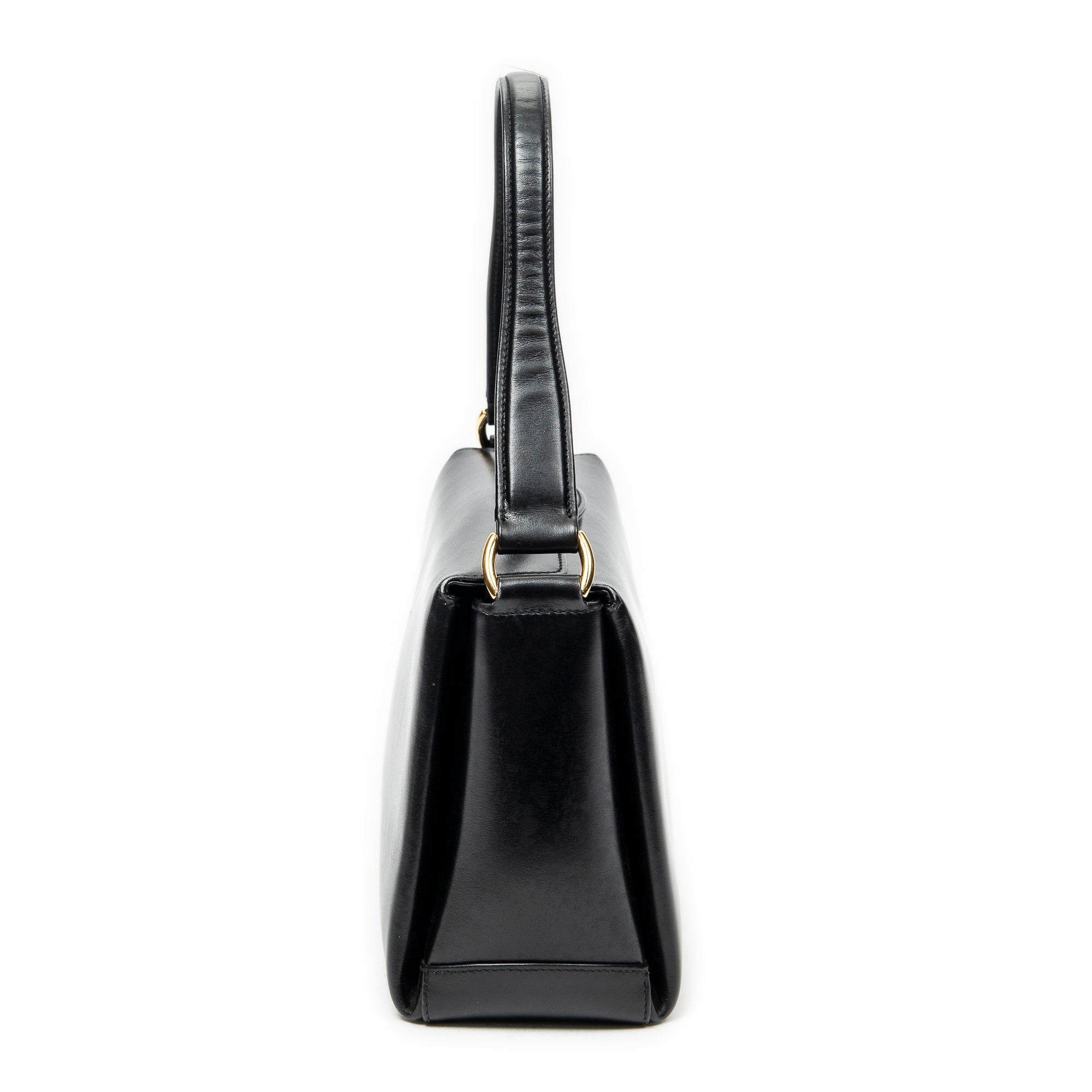 Shoulder Bag Vintage Fold Over Top Handle Black Smooth Calfskin Leather