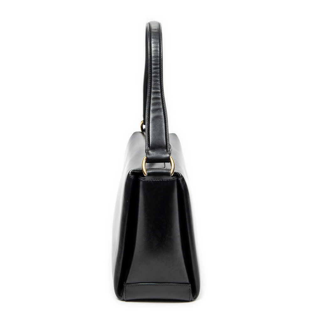 Shoulder Bag Vintage Fold Over Top Handle Black Smooth Calfskin Leather