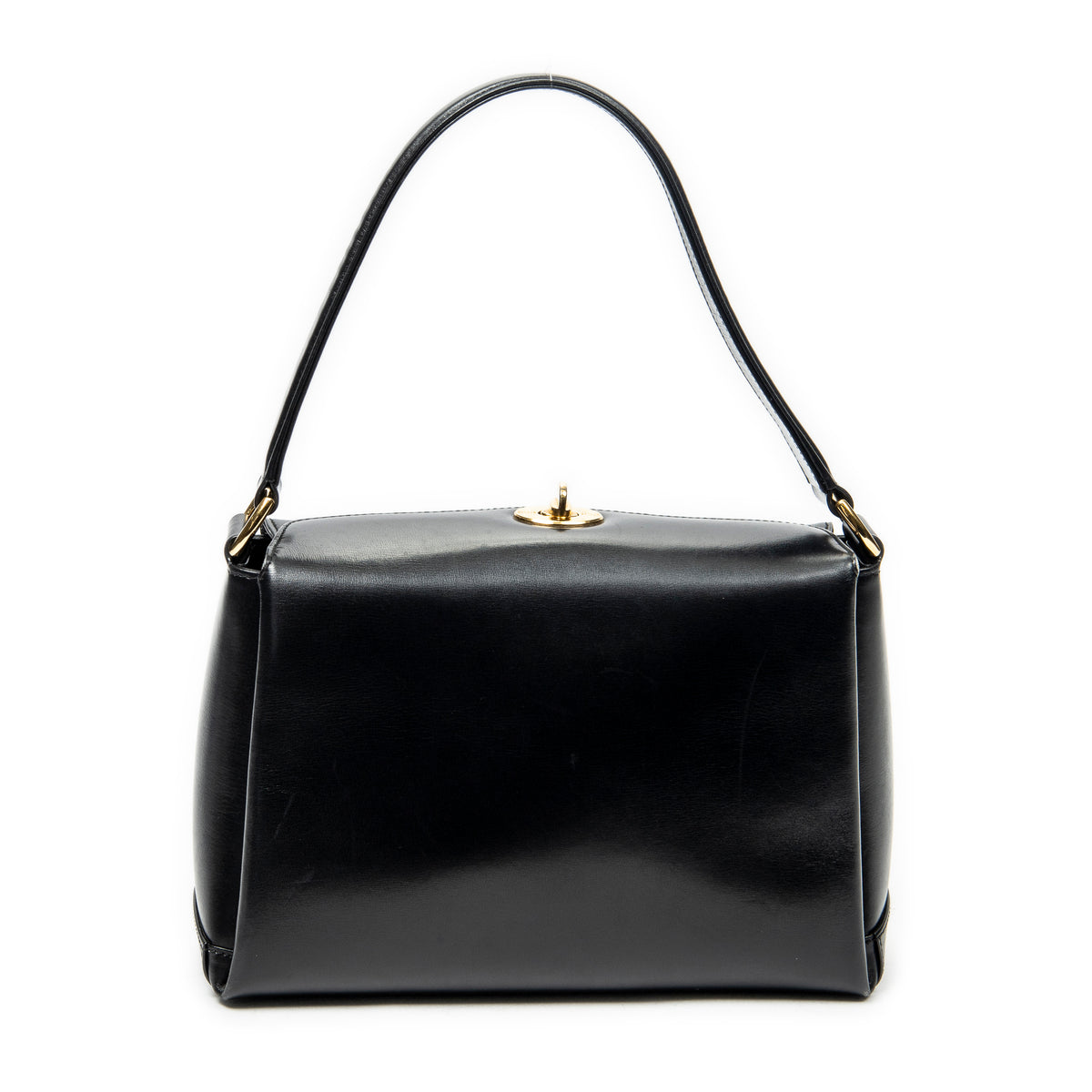 Shoulder Bag Vintage Fold Over Top Handle Black Smooth Calfskin Leather