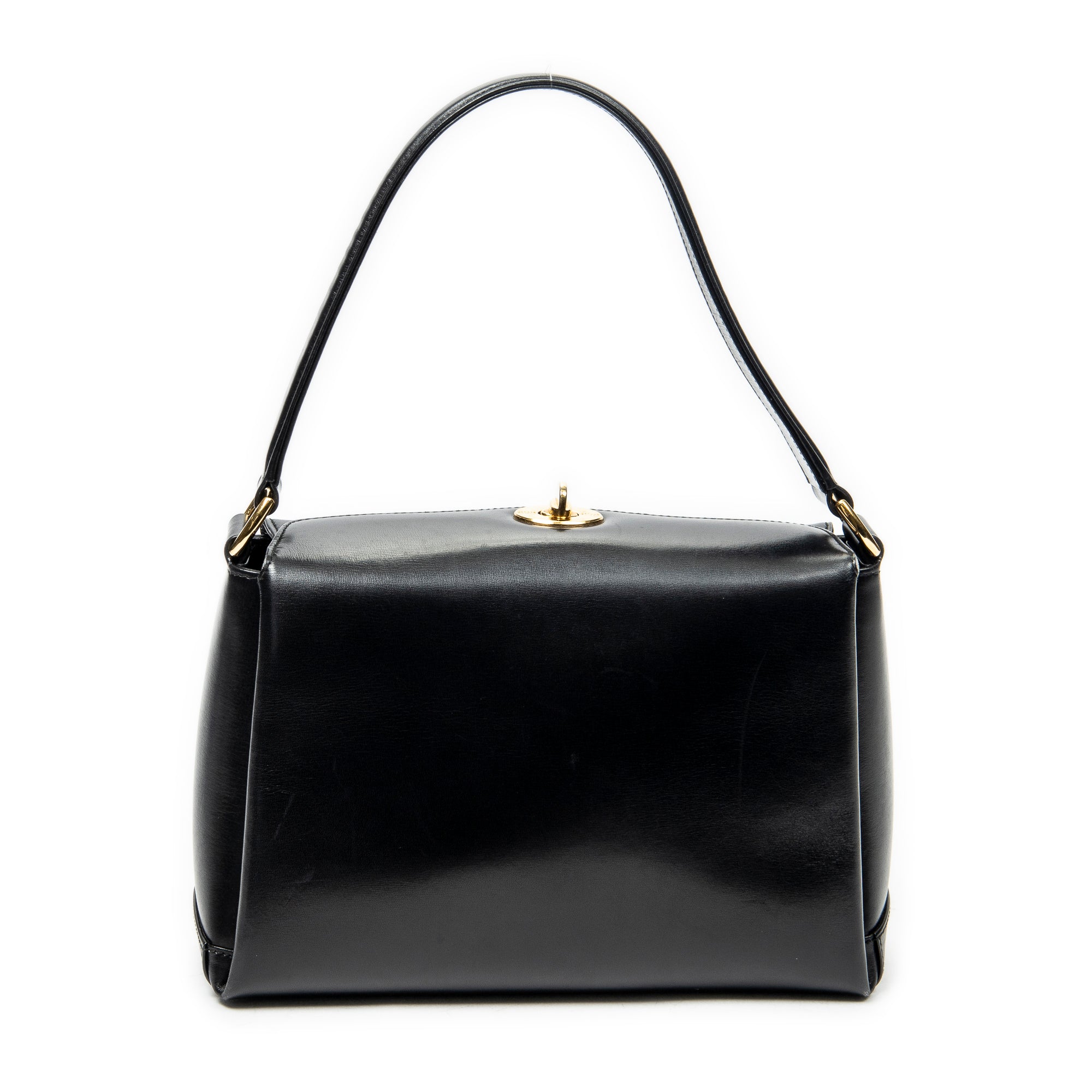 Shoulder Bag Vintage Fold Over Top Handle Black Smooth Calfskin Leather