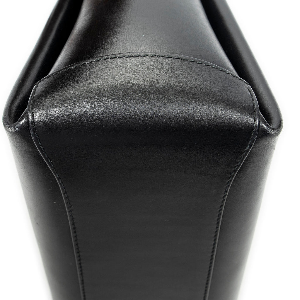 Shoulder Bag Vintage Fold Over Top Handle Black Smooth Calfskin Leather