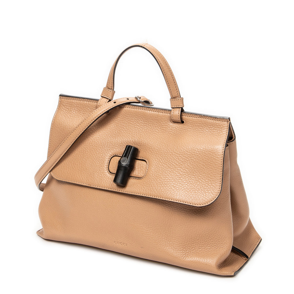 Shoulder Bag Medium Bamboo Daily Top Handle Beige Grained Calfskin Leather