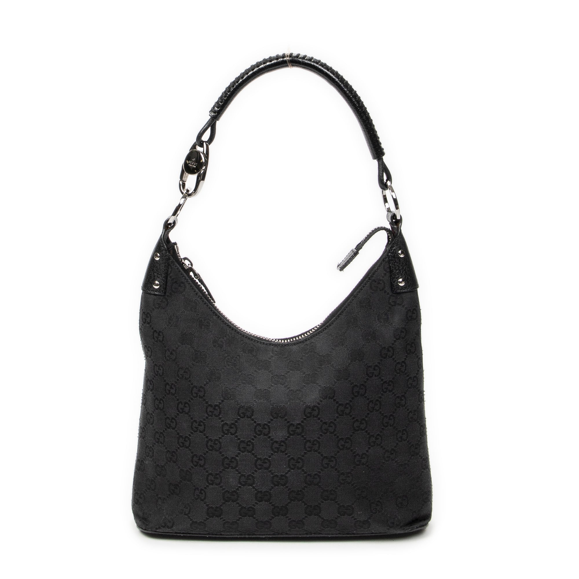 Shoulder Bag Ring Handle Zip Hobo Black Monogrammed Canvas