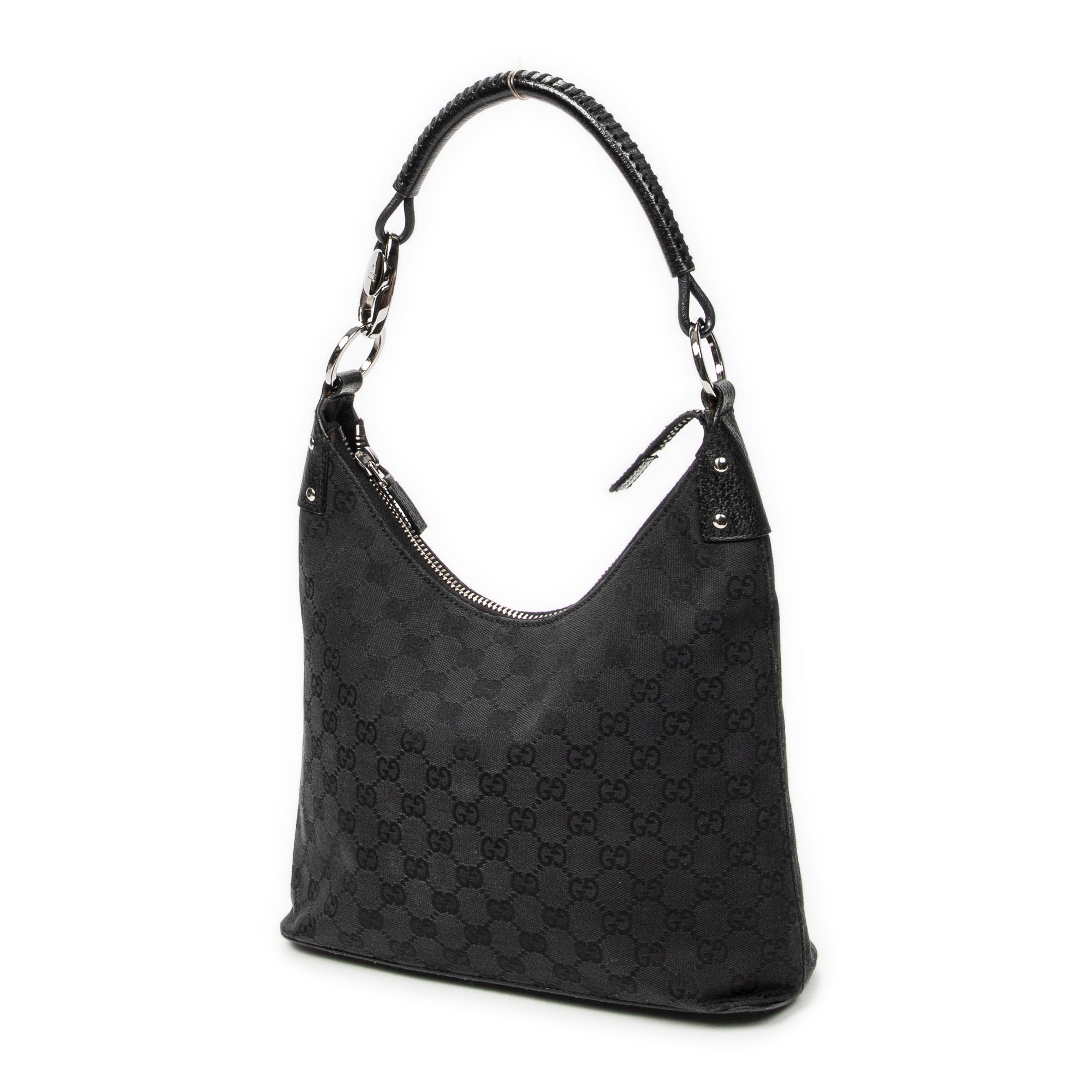 Shoulder Bag Ring Handle Zip Hobo Black Monogrammed Canvas