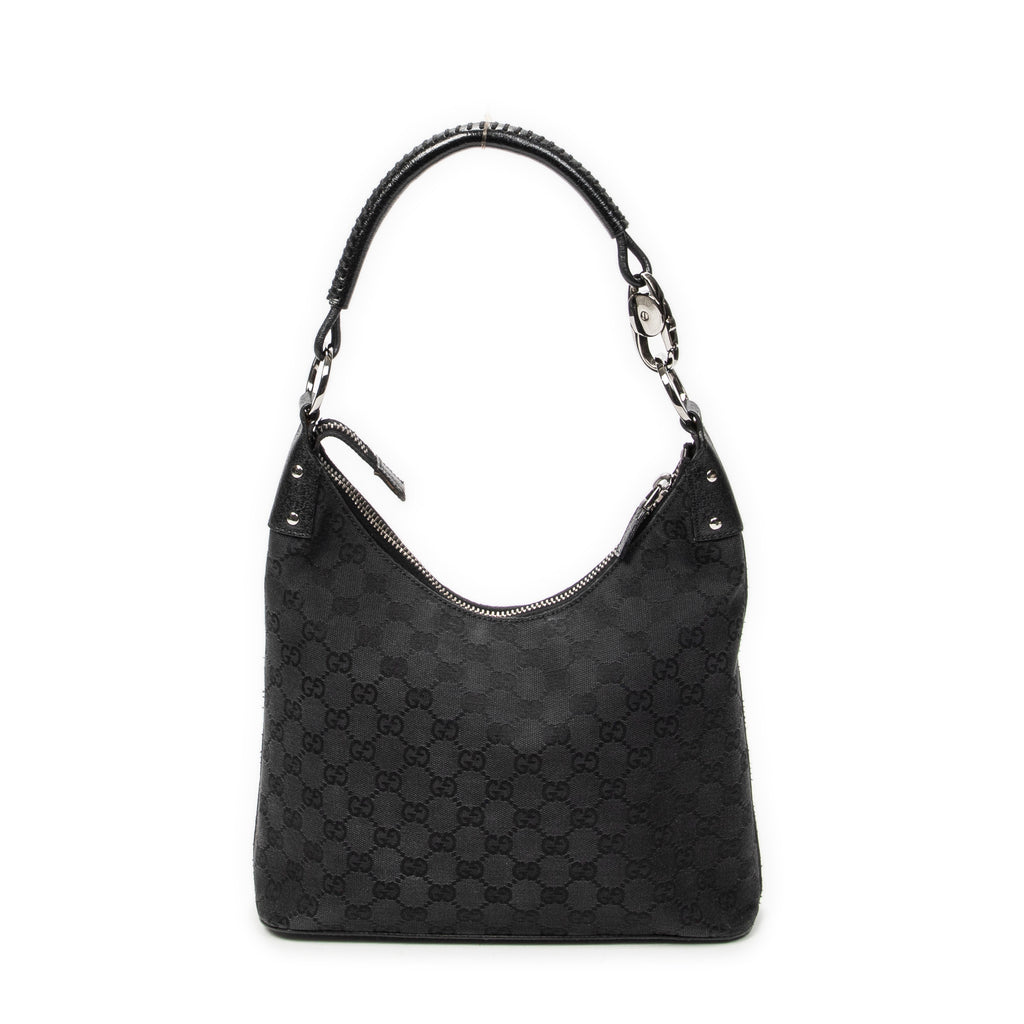 Shoulder Bag Ring Handle Zip Hobo Black Monogrammed Canvas