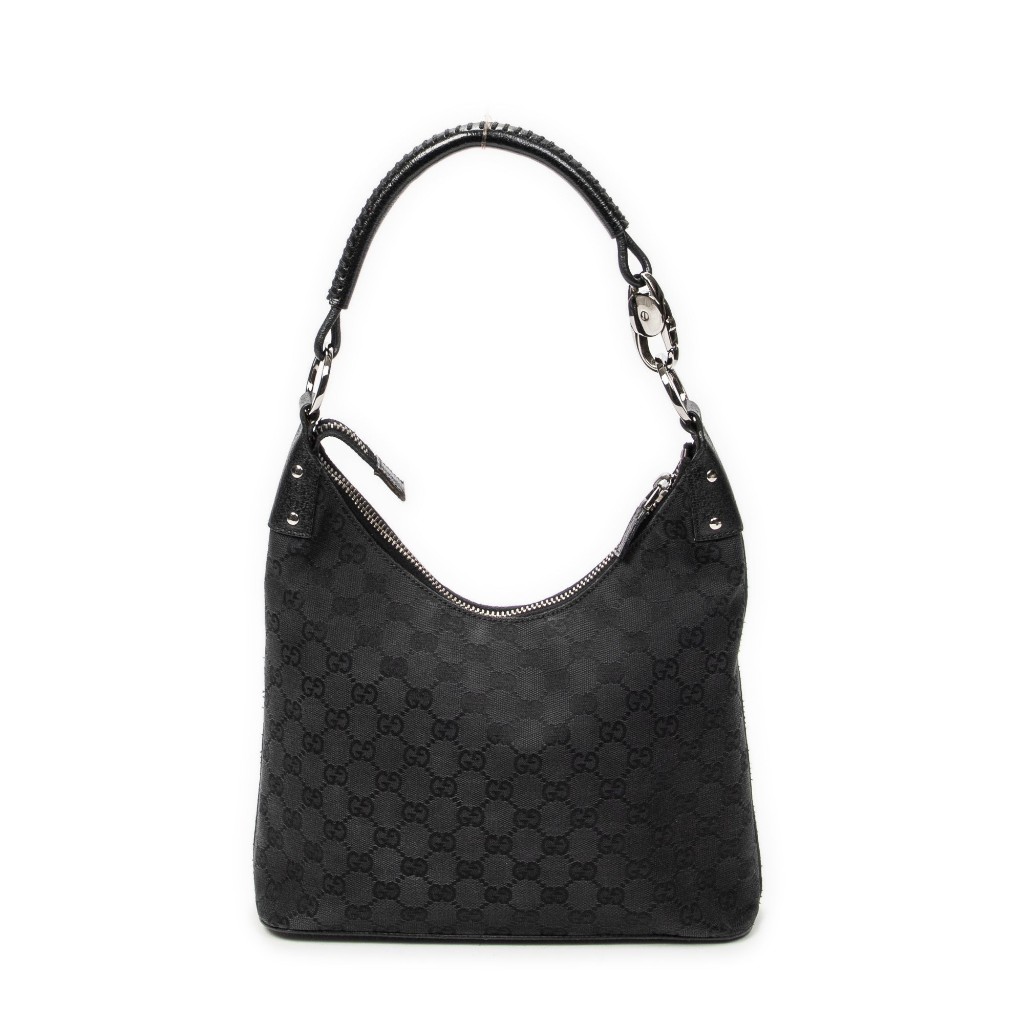 Shoulder Bag Ring Handle Zip Hobo Black Monogrammed Canvas