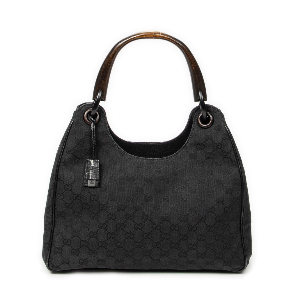 Shoulder Bag Wooden Handle Colbert Hobo Black Monogrammed Canvas