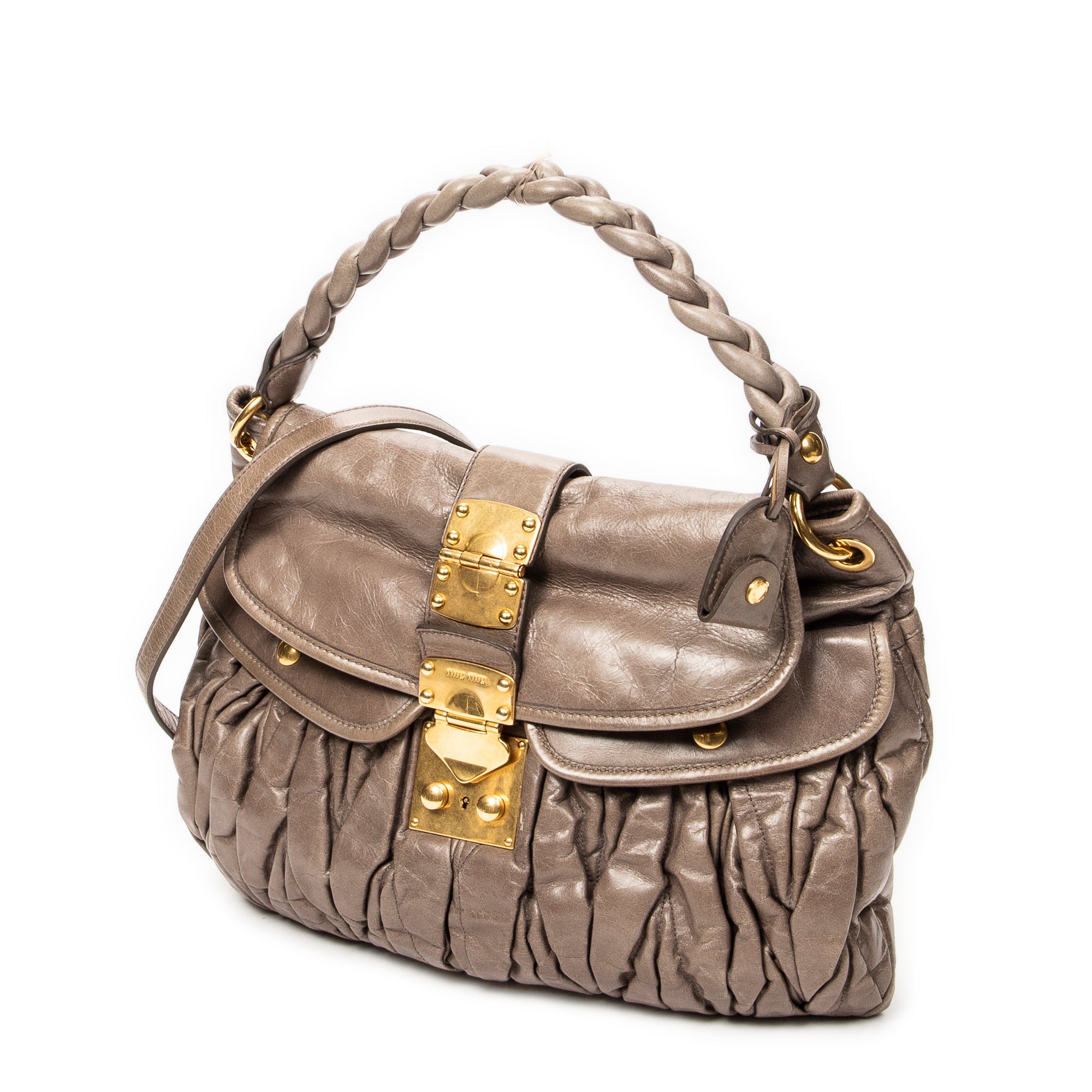 Shoulder Bag Coffer Double Pocket Hobo Taupe Matelasse Leather