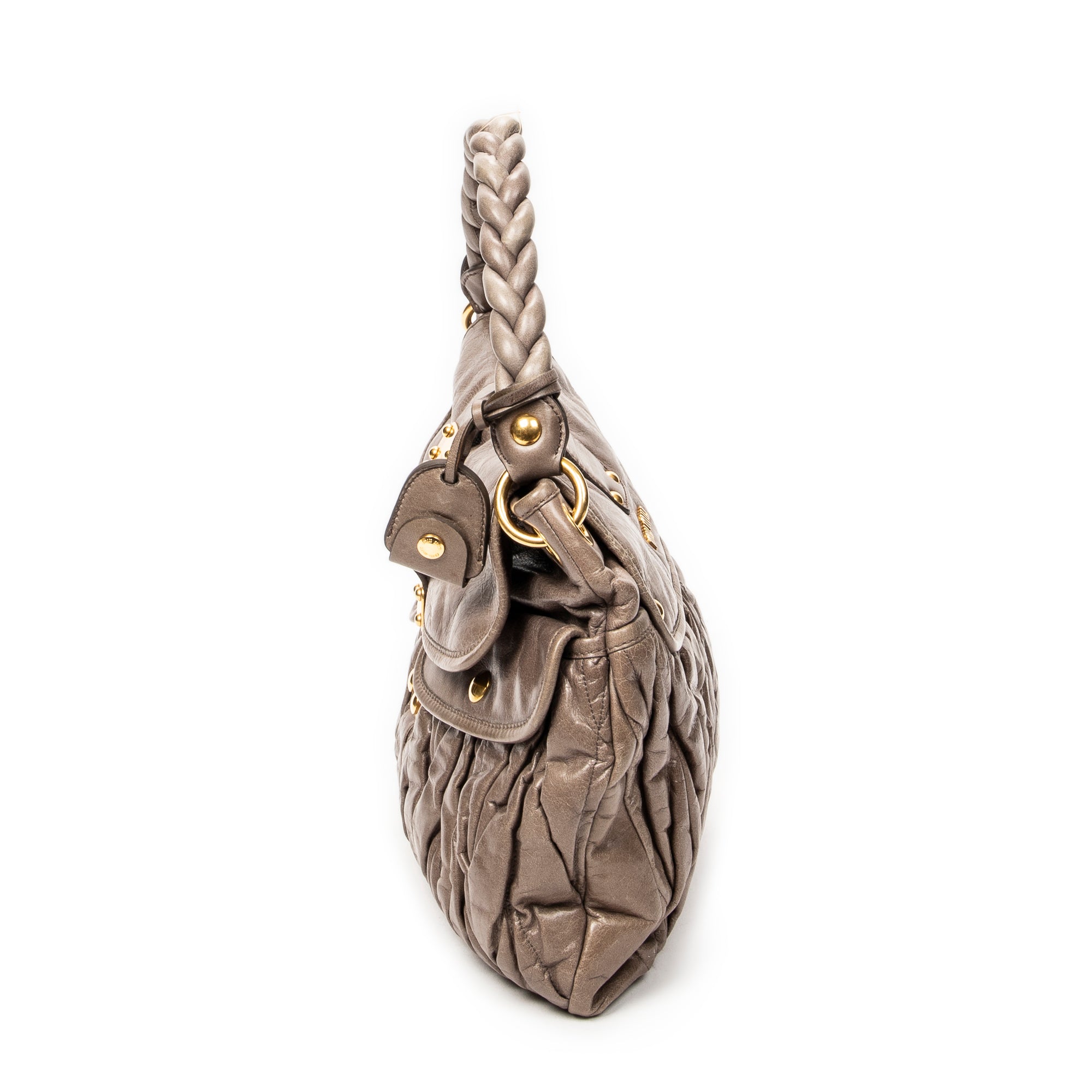 Shoulder Bag Coffer Double Pocket Hobo Taupe Matelasse Leather