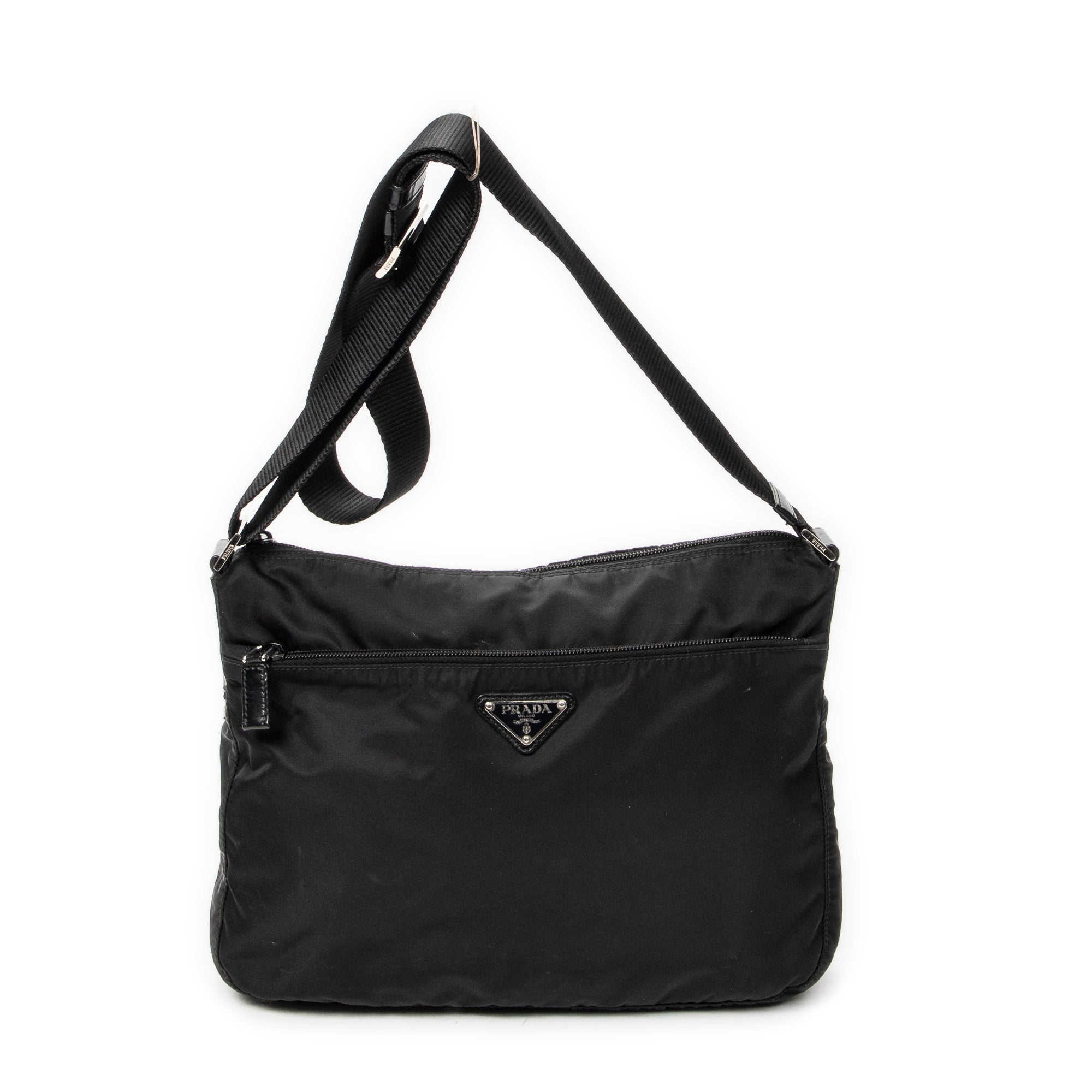 Shoulder Bag Front Pocket Zip Crossbody Black Nylon Canvas