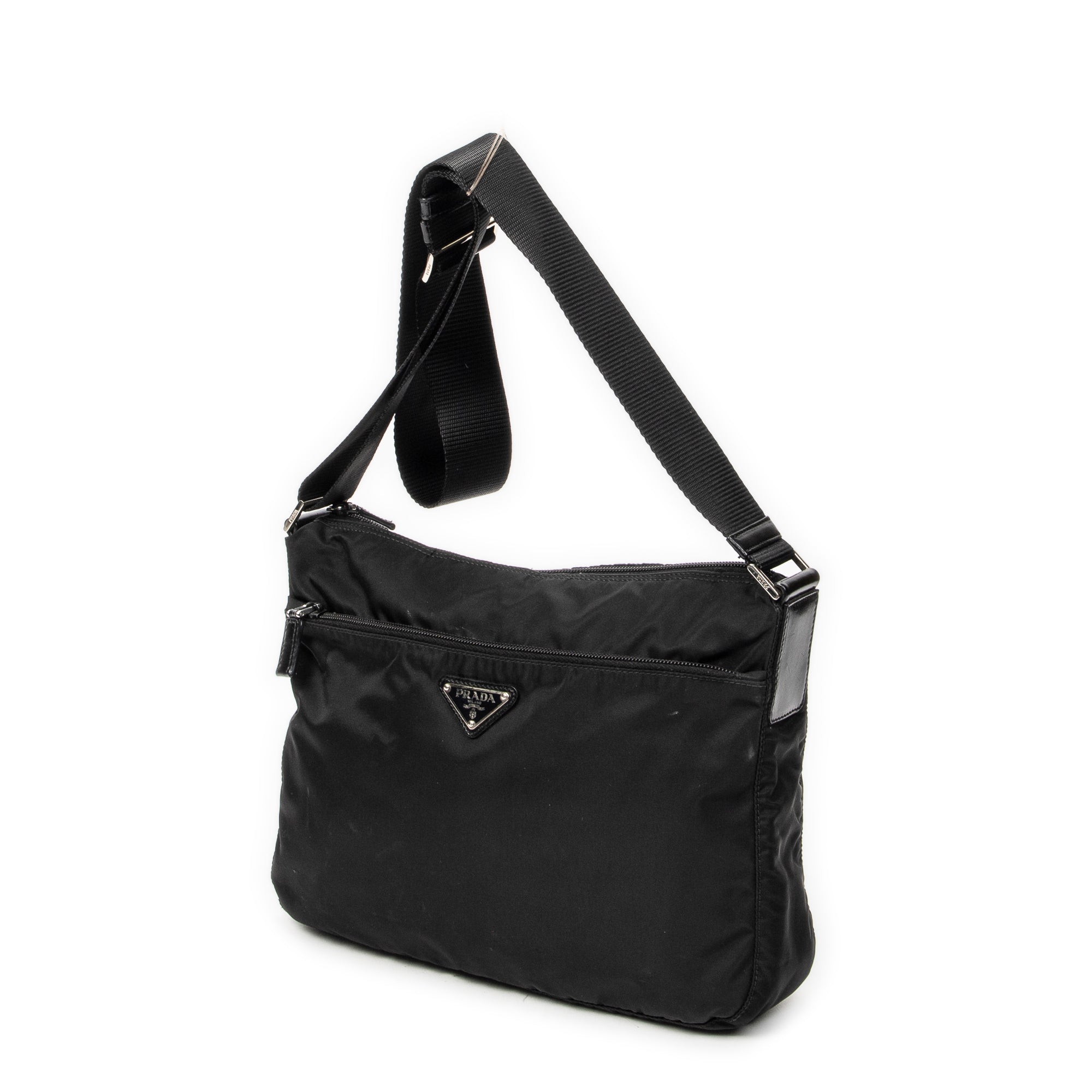 Shoulder Bag Front Pocket Zip Crossbody Black Nylon Canvas