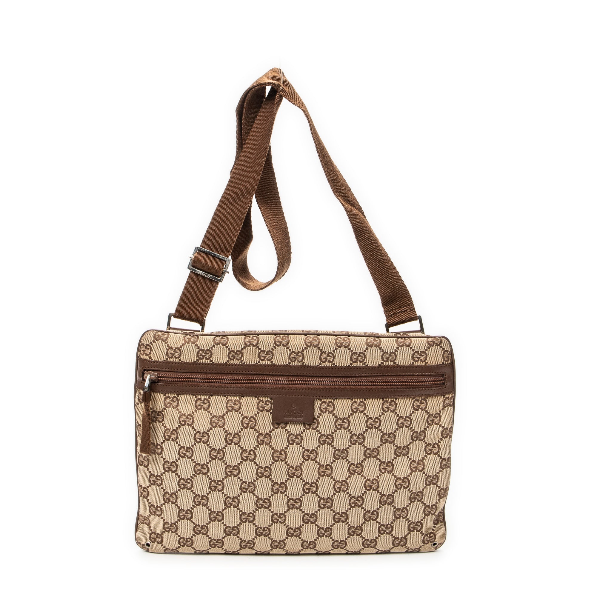 Shoulder Bag Front Pocket Flat Crossbody Brown Monogrammed Canvas