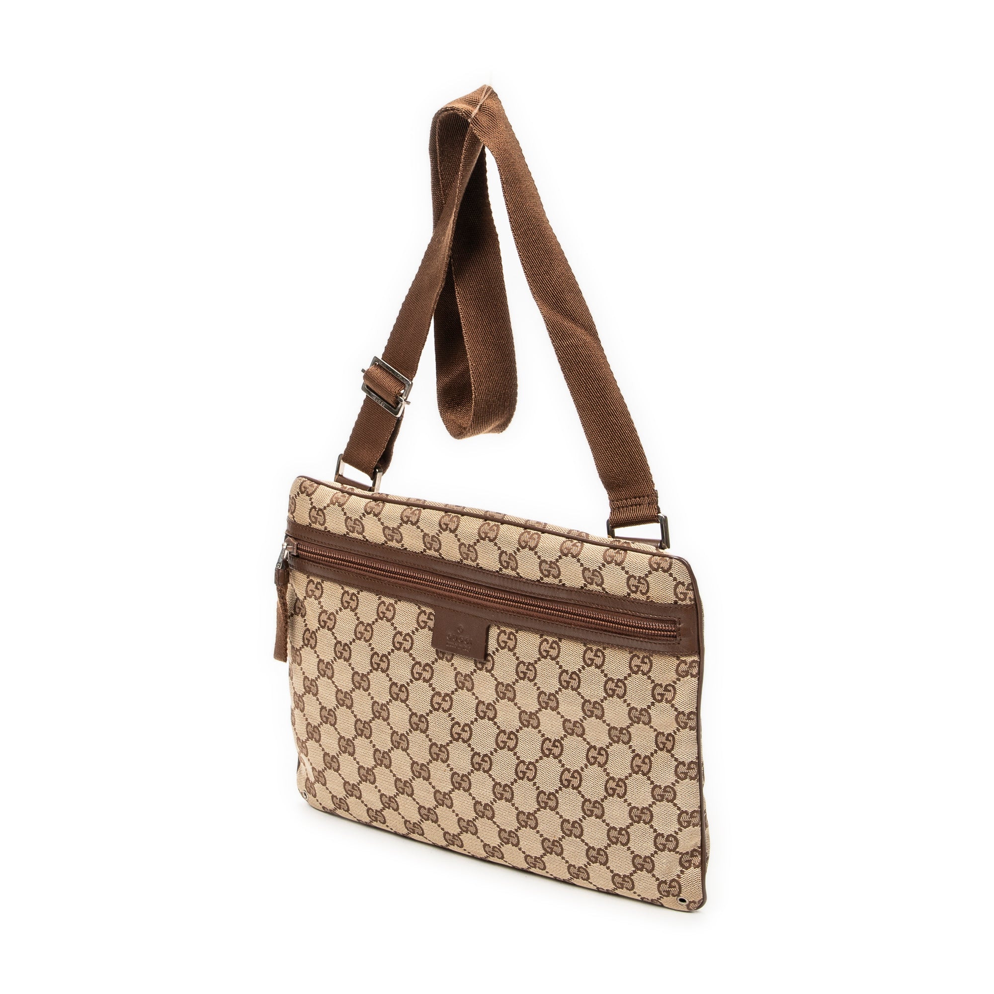 Shoulder Bag Front Pocket Flat Crossbody Brown Monogrammed Canvas