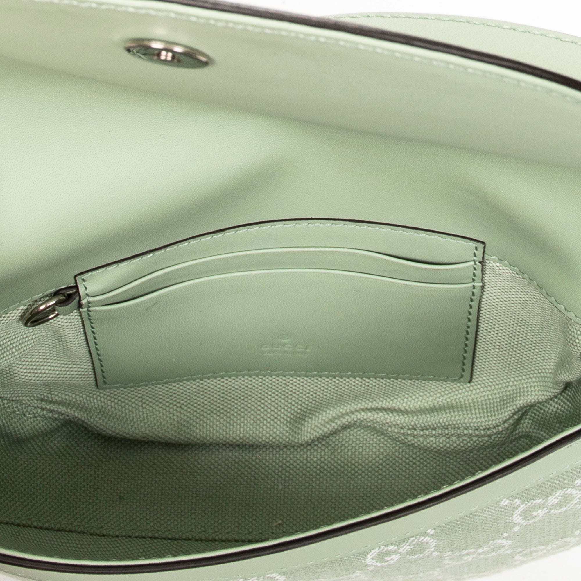 Bolso de Hombro Mini Ophidia con Solapa Lona Vaquera Monogramada Verde Claro