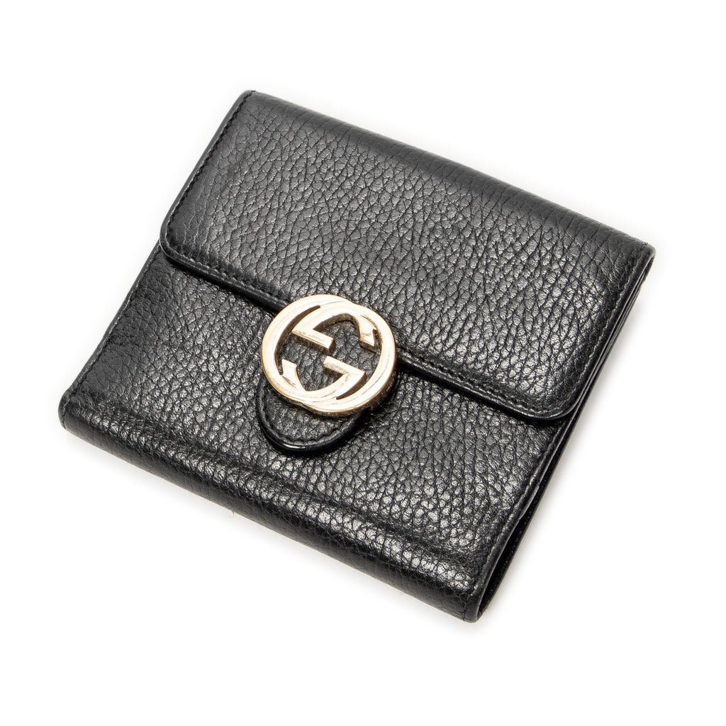 Wallet Interlocking G Compact French Wallet Black Grained Calfskin Leather