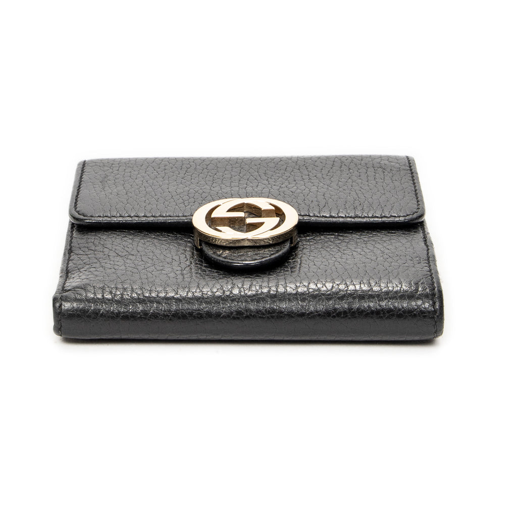 Wallet Interlocking G Compact French Wallet Black Grained Calfskin Leather