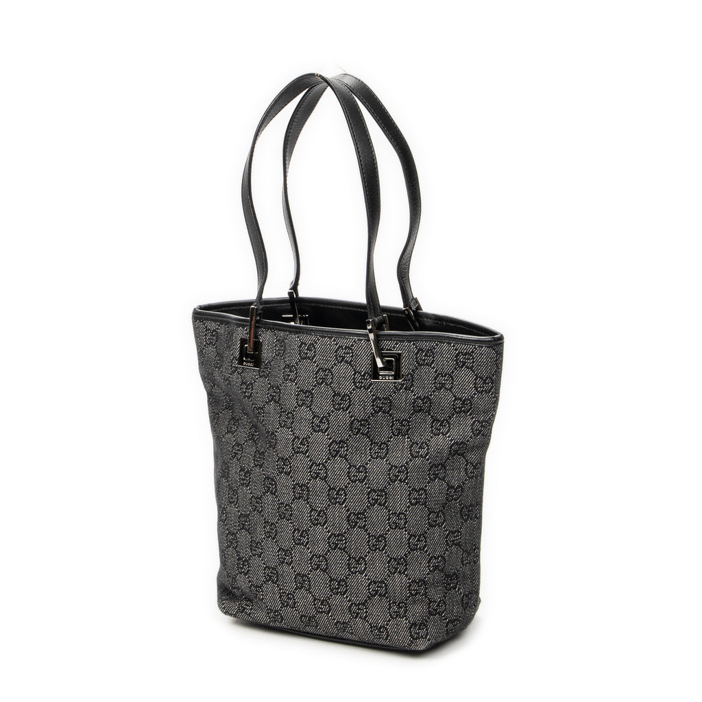 Shoulder Bag Bucket Tote Black Denim Monogrammed Denim Canvas