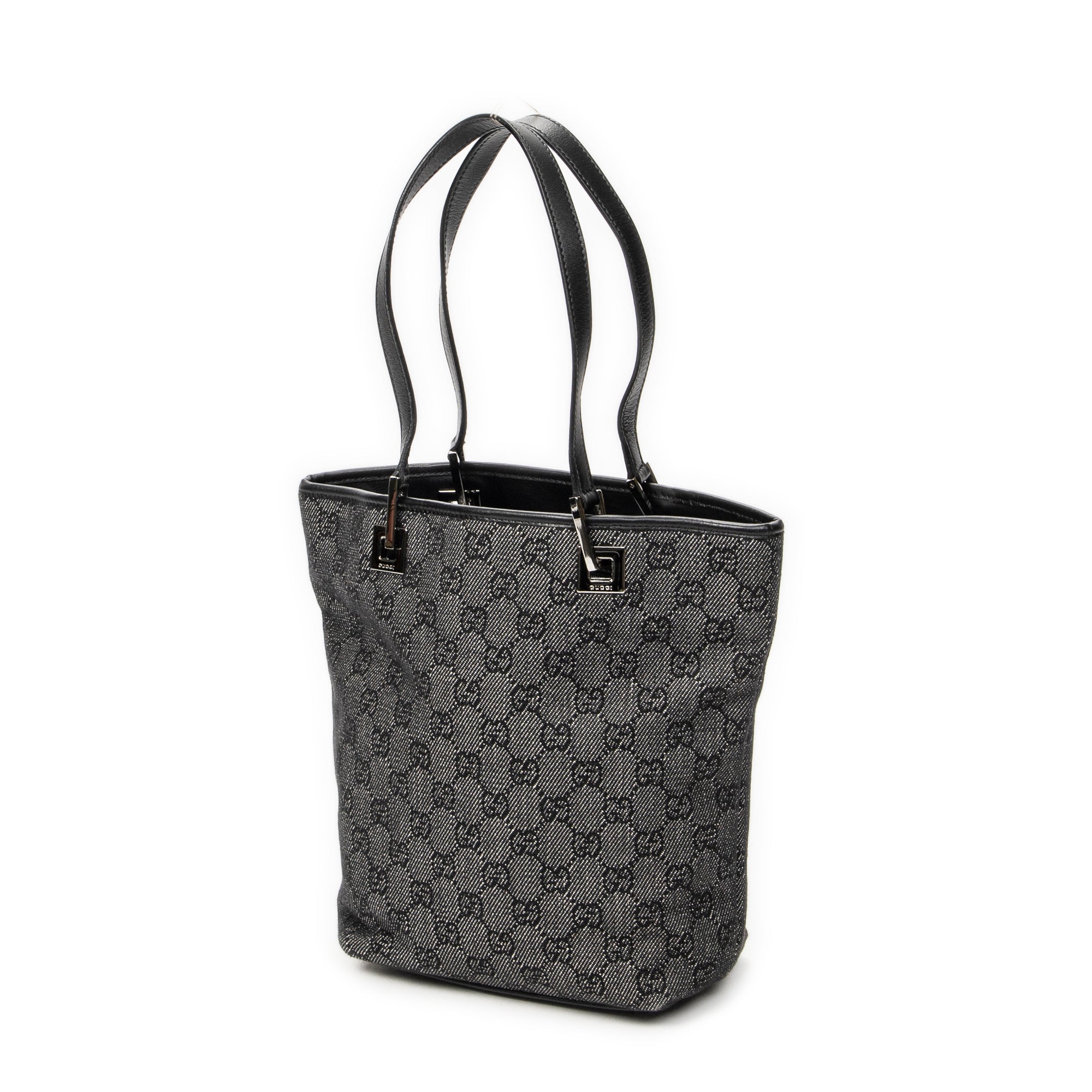 Shoulder Bag Bucket Tote Black Denim Monogrammed Denim Canvas