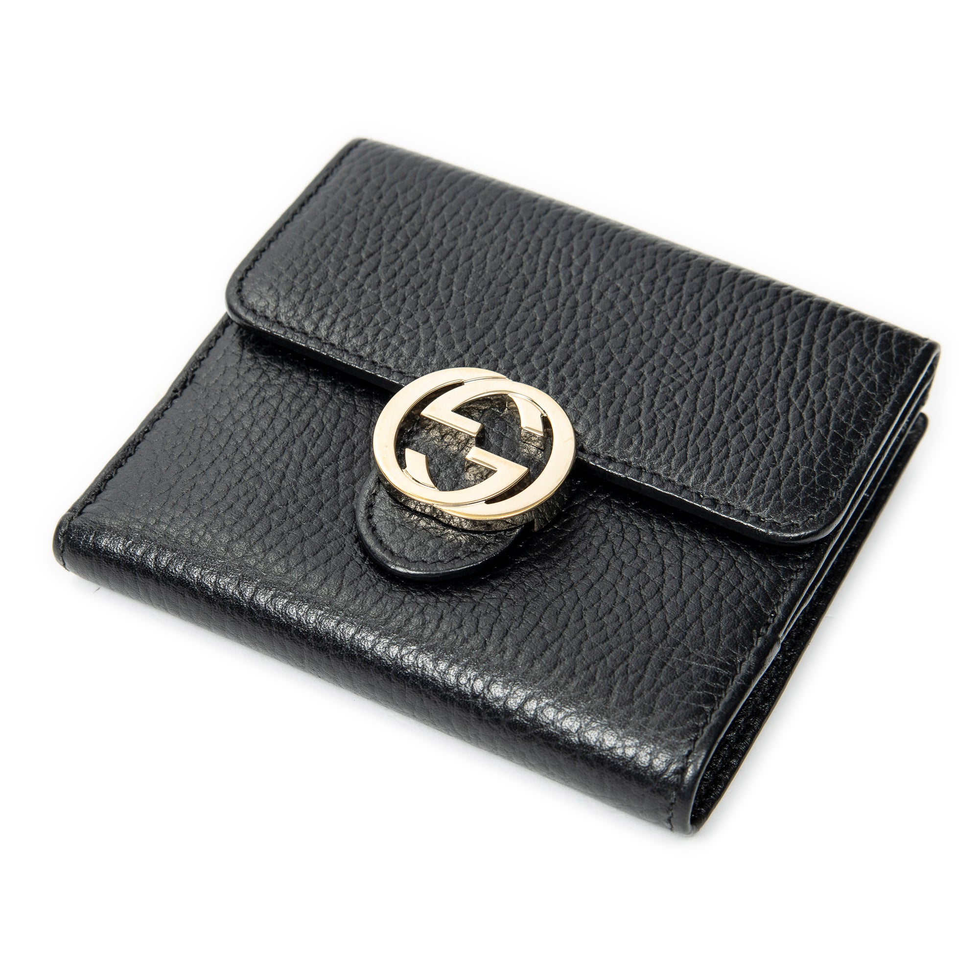 Wallet Interlocking G Compact French Wallet Black Grained Calfskin Leather