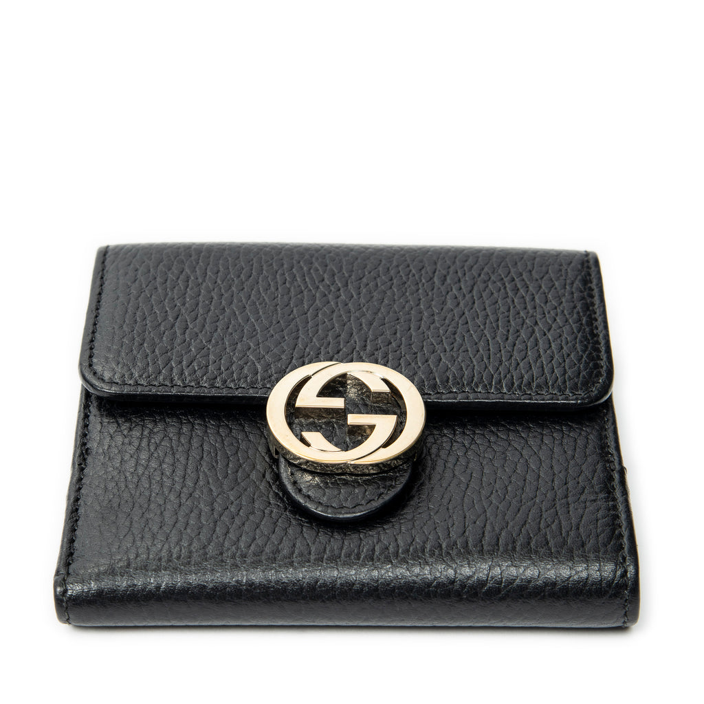 Wallet Interlocking G Compact French Wallet Black Grained Calfskin Leather