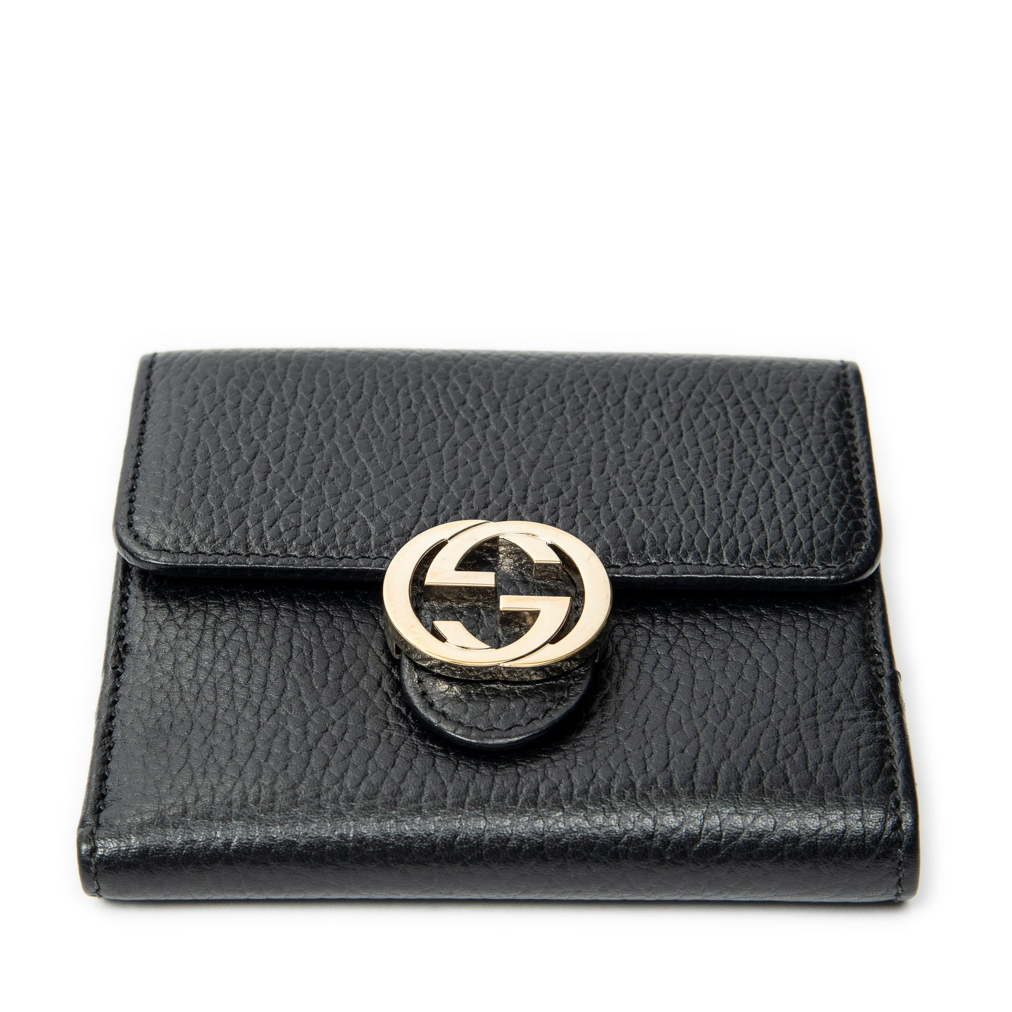 Wallet Interlocking G Compact French Wallet Black Grained Calfskin Leather