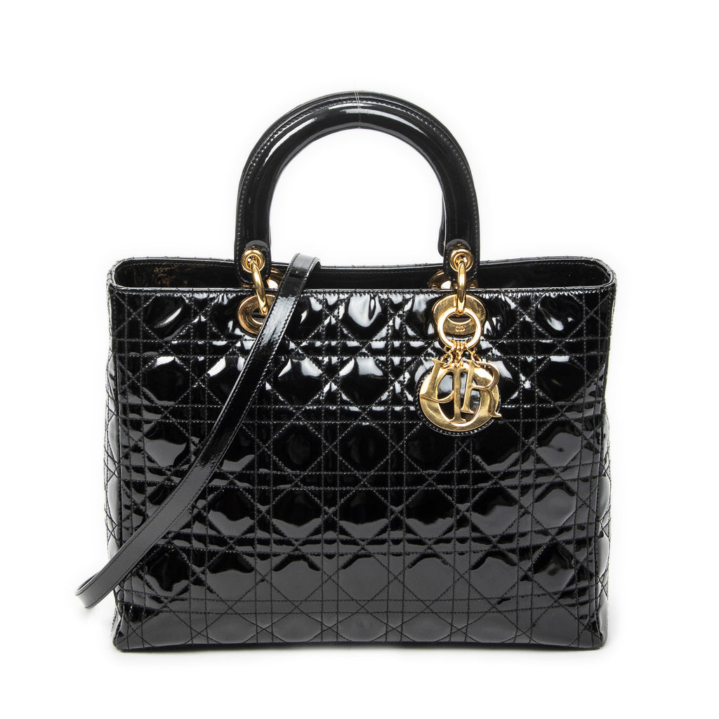 Handbag Large Lady Dior Zip Black Cannage Patent Leather