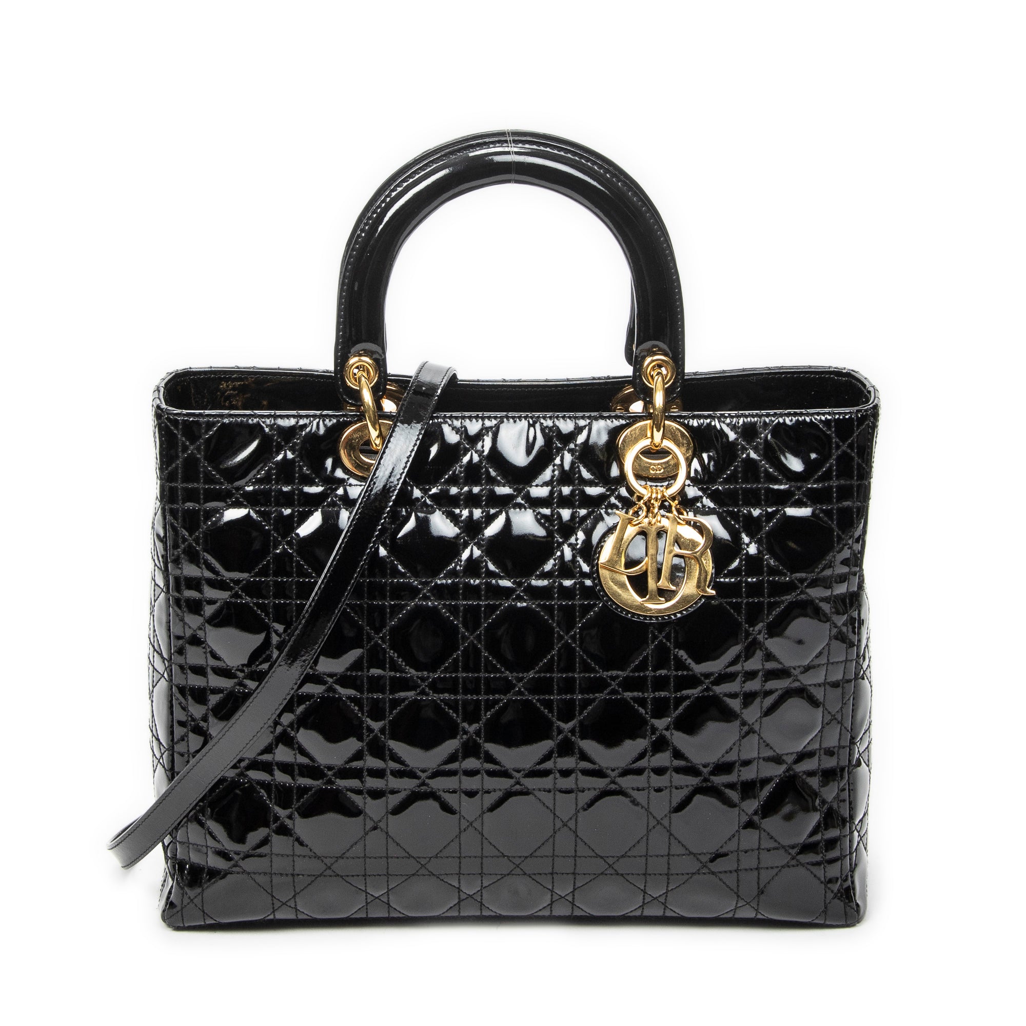 Handbag Large Lady Dior Zip Black Cannage Patent Leather