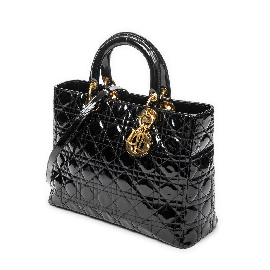 Handbag Large Lady Dior Zip Black Cannage Patent Leather