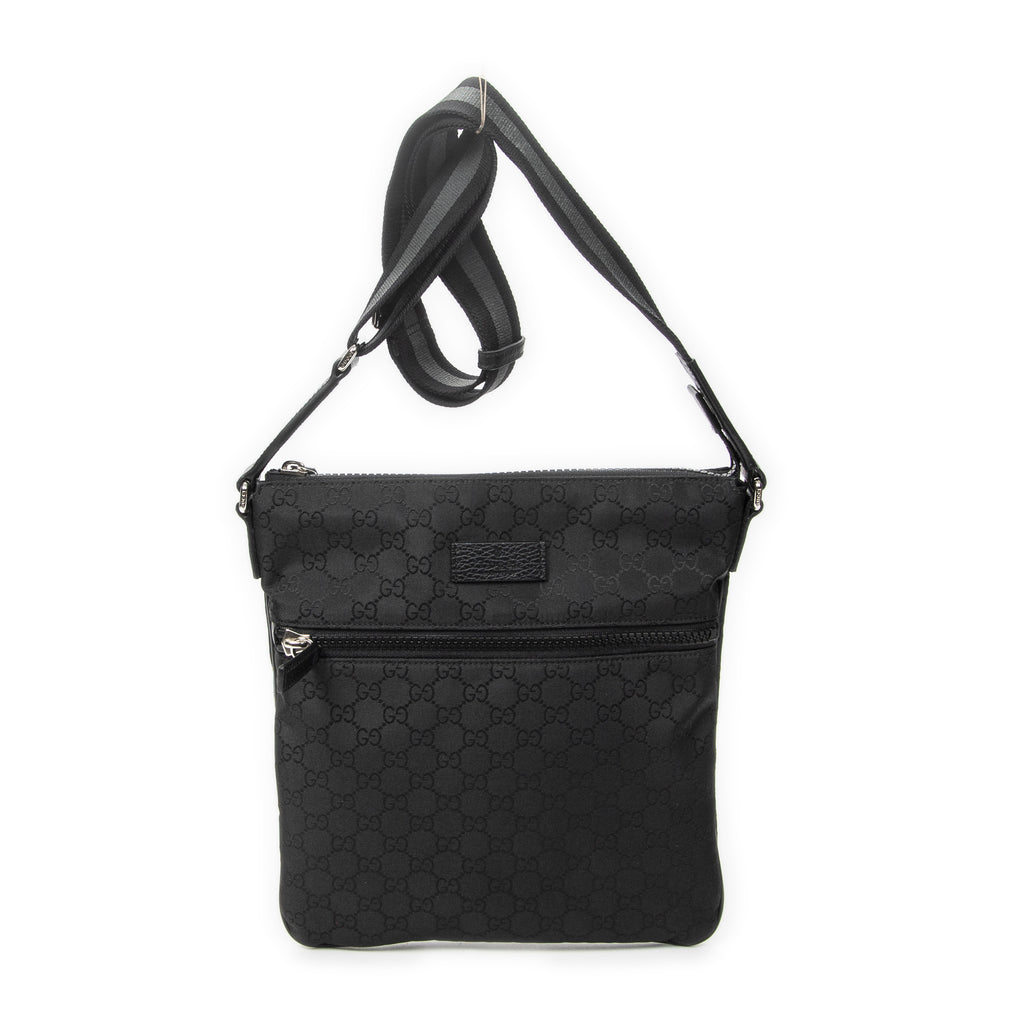 Shoulder Bag Small Front Zip Messenger Black Monogrammed Nylon Canvas