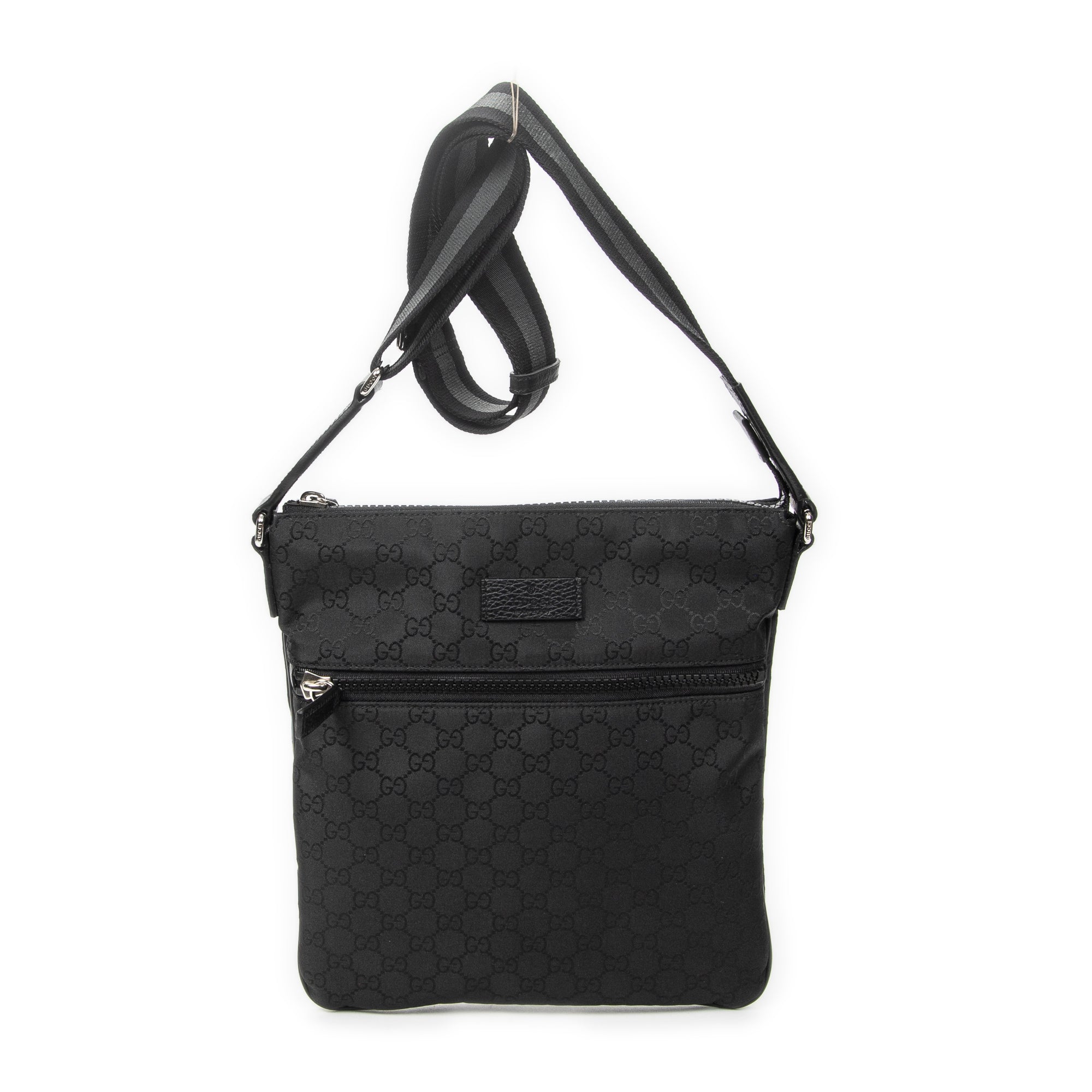 Shoulder Bag Small Front Zip Messenger Black Monogrammed Nylon Canvas