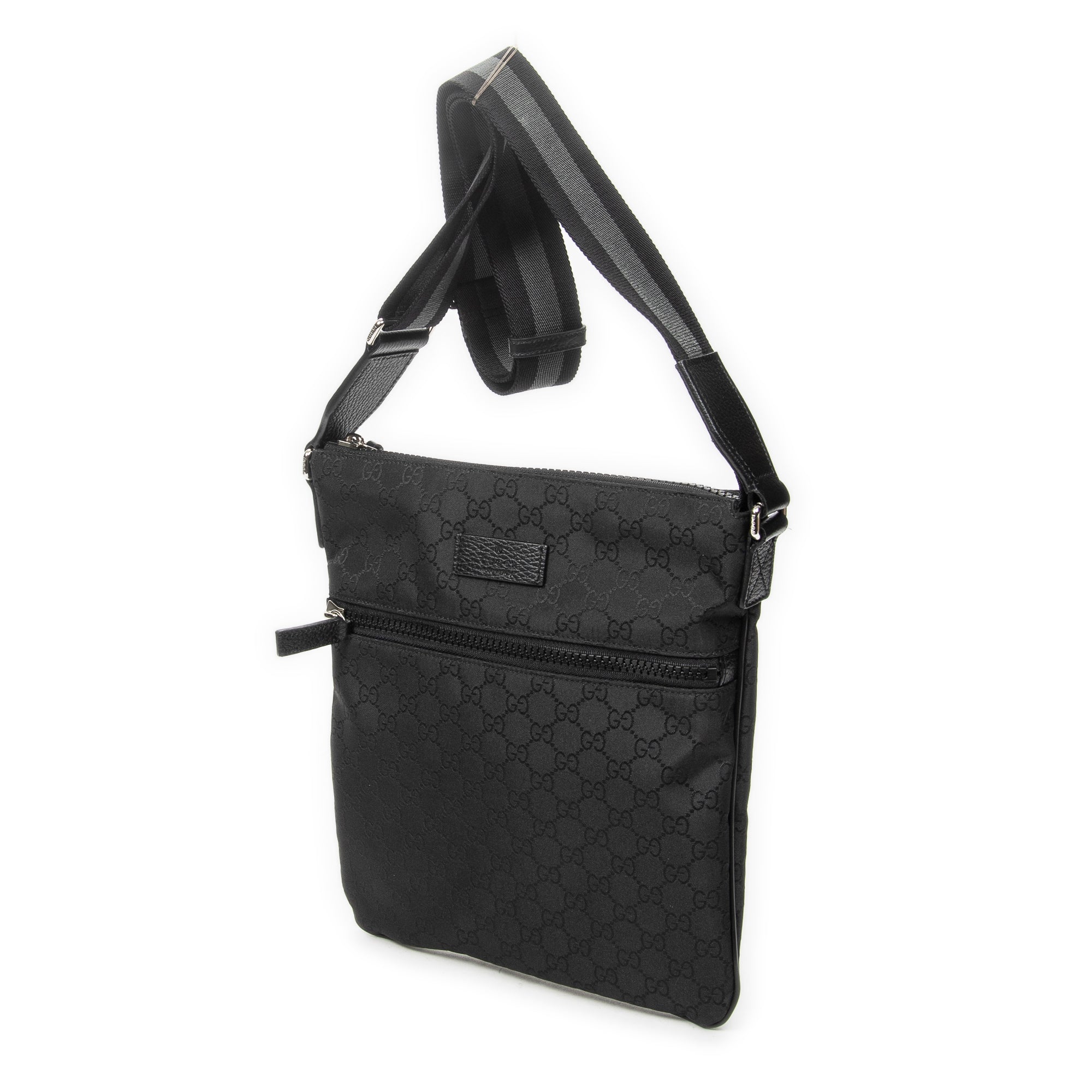Shoulder Bag Small Front Zip Messenger Black Monogrammed Nylon Canvas
