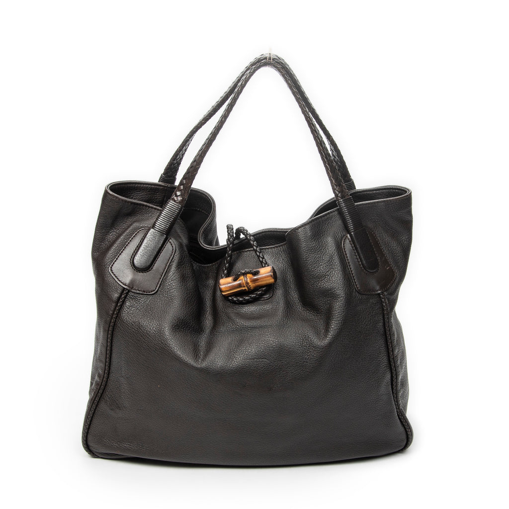 Shoulder Bag Large Bamboo Hip Tote Brown Pebbled Deerskin Leather