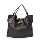 Shoulder Bag Large Bamboo Hip Tote Brown Pebbled Deerskin Leather