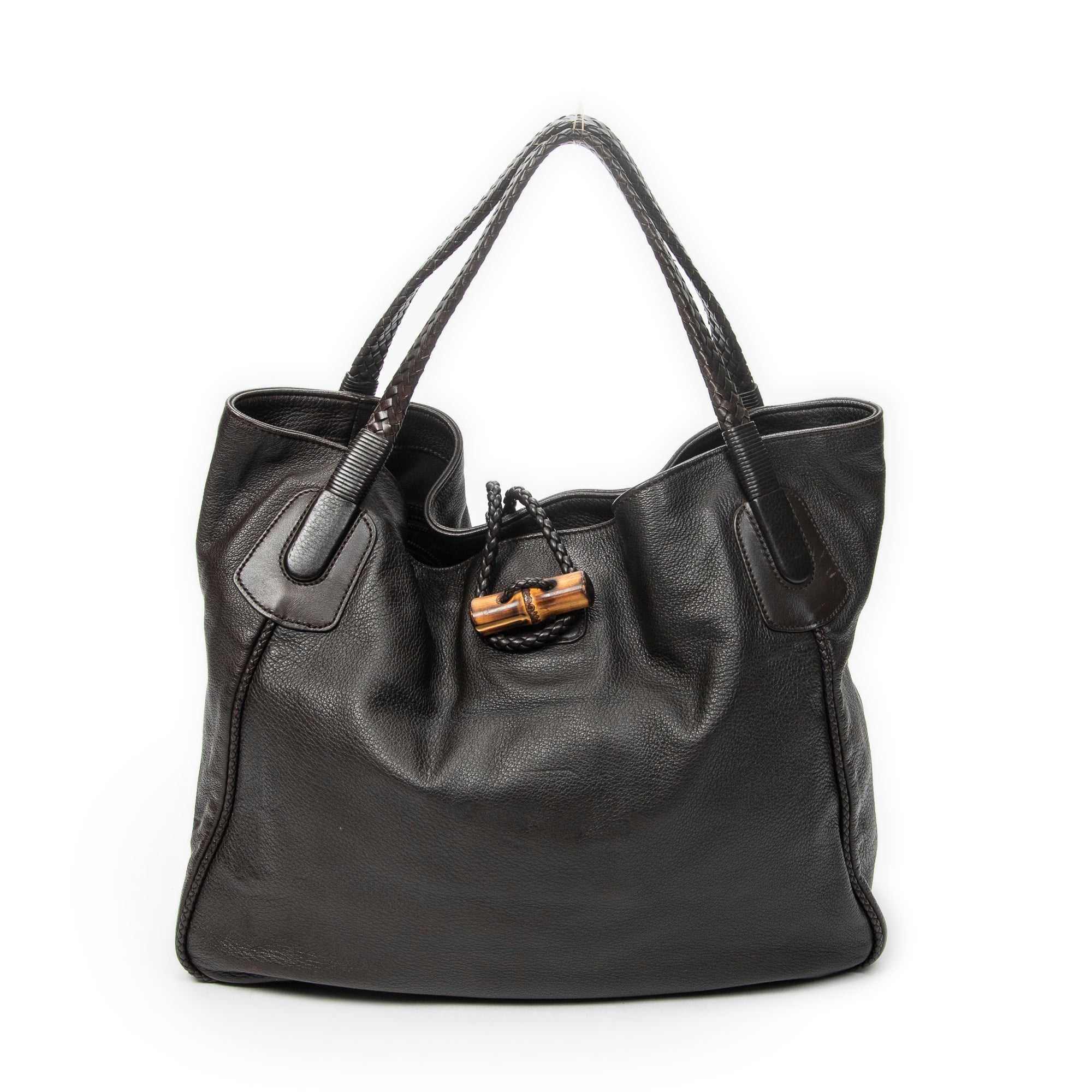 Shoulder Bag Large Bamboo Hip Tote Brown Pebbled Deerskin Leather