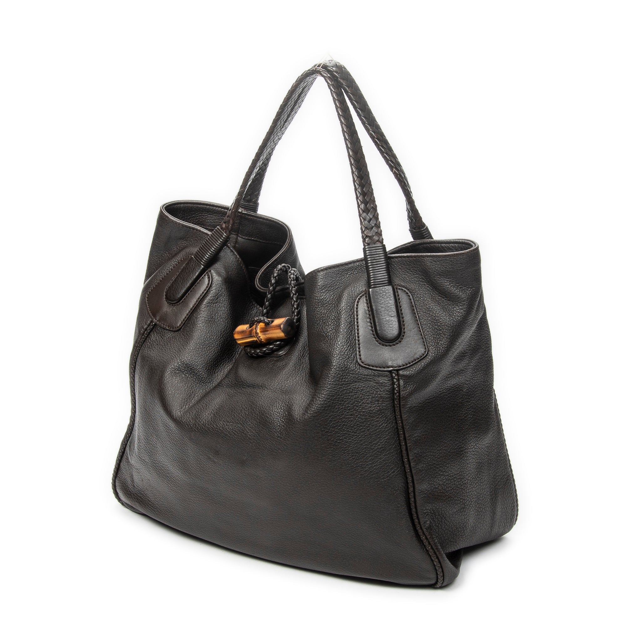 Bolso de Hombro Grande de Bambú Estilo Tote de Piel de Ciervo Marrón Grabada